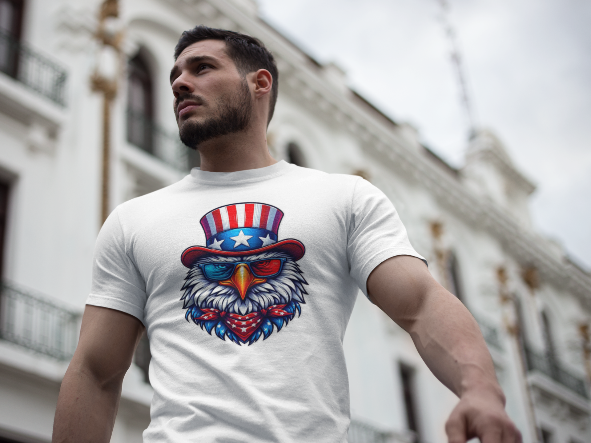 Cartoon Eagle Unisex Softstyle T-Shirt, Patriotic Red White Blue Tee, USA Bird Graphic Top, Animal Lover Gift, Fourth of July Apparel product thumbnail image
