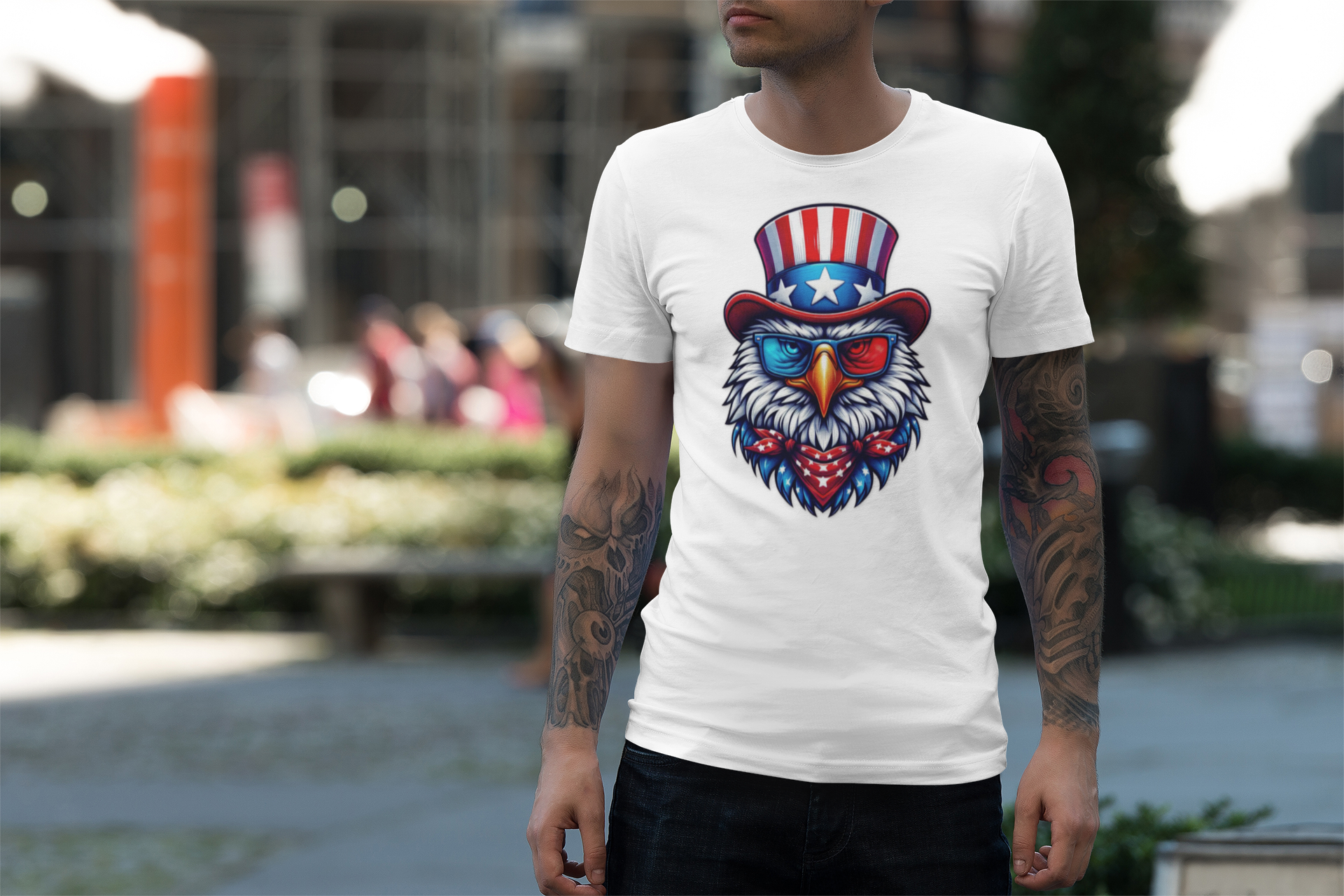 Cartoon Eagle Unisex Softstyle T-Shirt, Patriotic Red White Blue Tee, USA Bird Graphic Top, Animal Lover Gift, Fourth of July Apparel product thumbnail image
