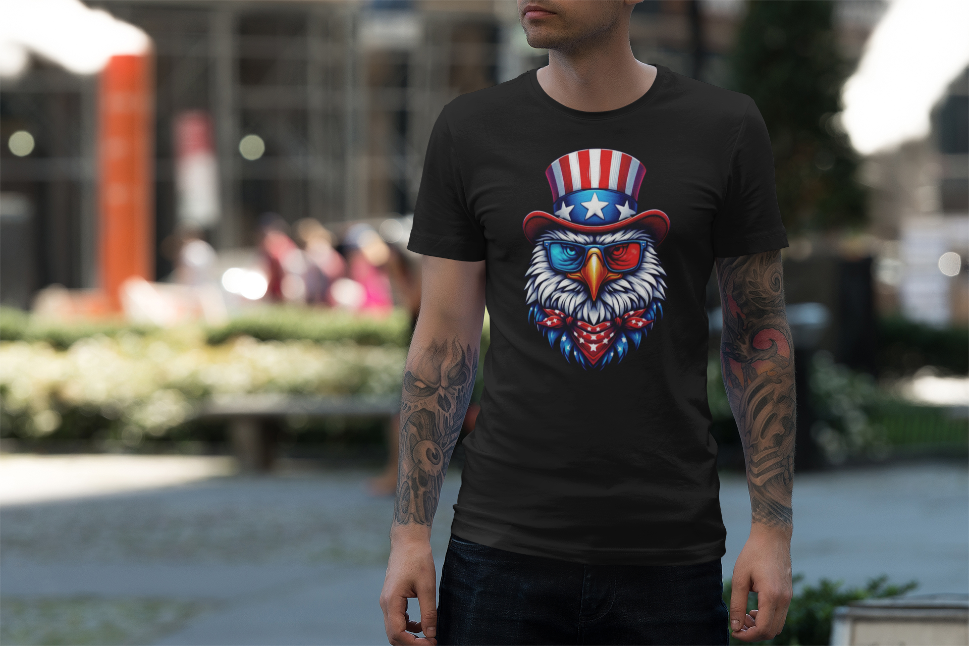 Cartoon Eagle Unisex Softstyle T-Shirt, Patriotic Red White Blue Tee, USA Bird Graphic Top, Animal Lover Gift, Fourth of July Apparel product thumbnail image