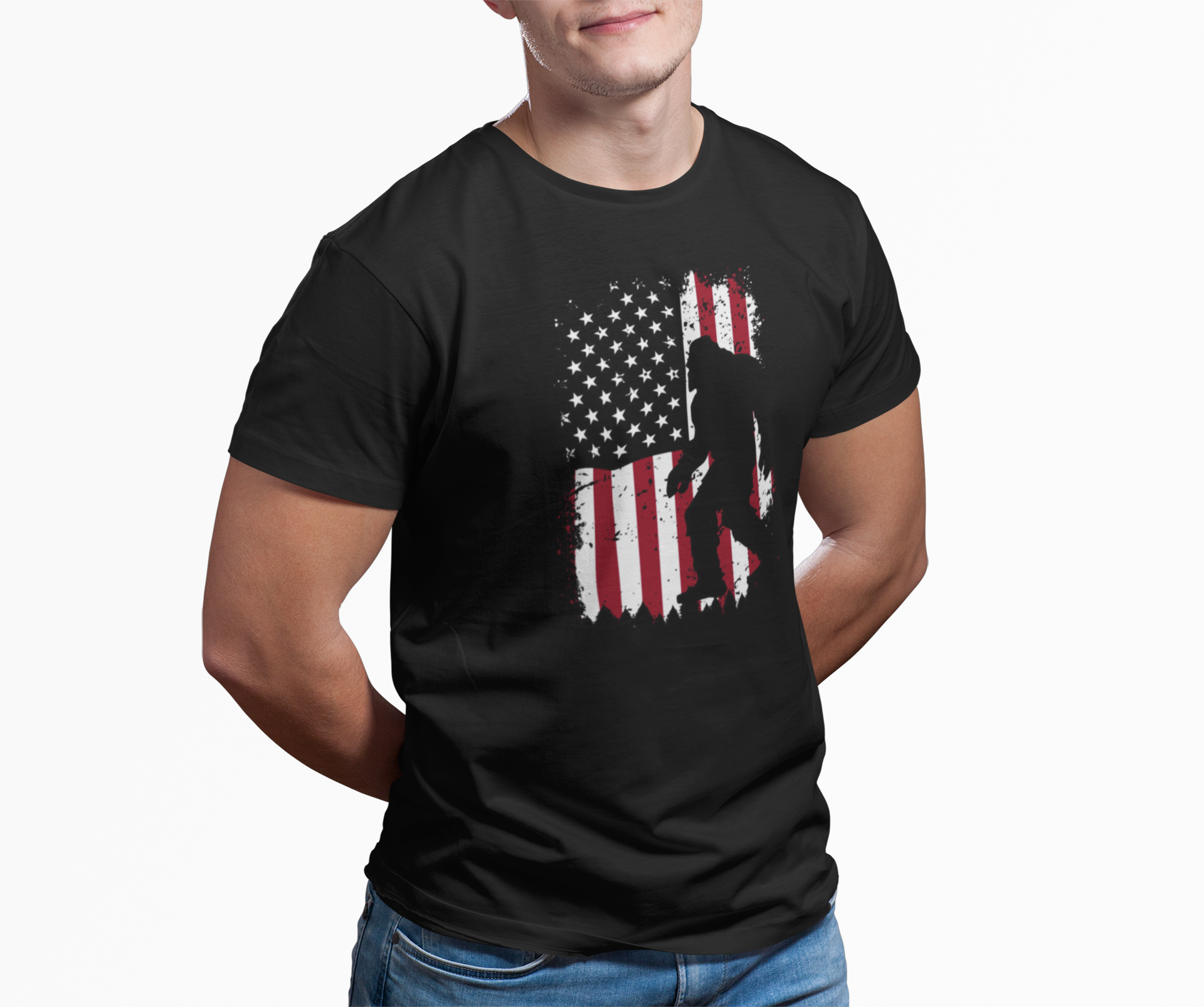 Bigfoot American Flag T-Shirt | Unisex Softstyle Tee | Perfect for Gift, Independence Day, Summer Style, Outdoor Fun, Sasquatch Lover product thumbnail image