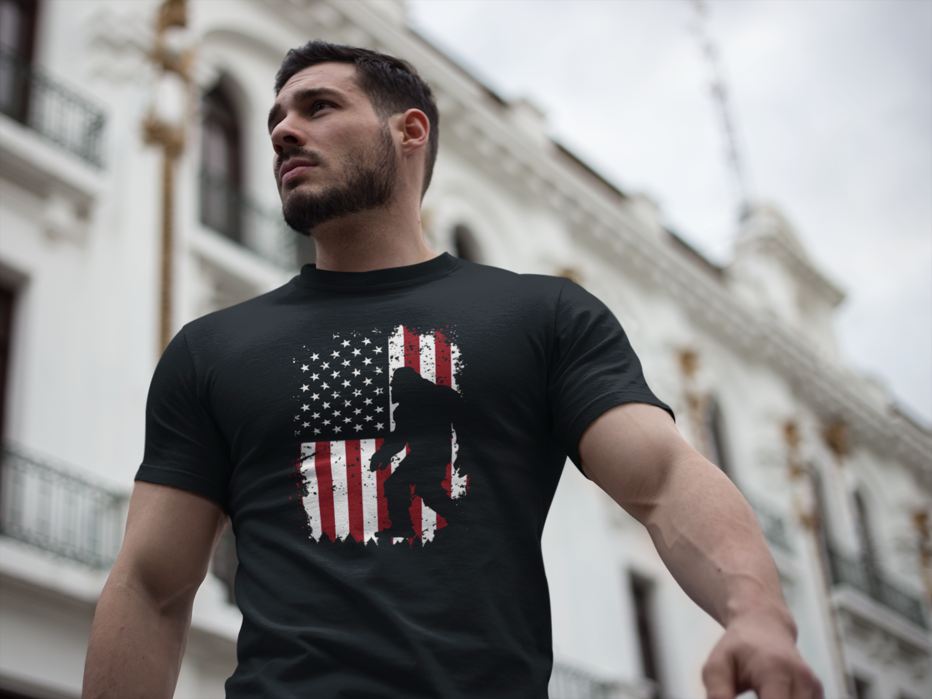 Bigfoot American Flag T-Shirt | Unisex Softstyle Tee | Perfect for Gift, Independence Day, Summer Style, Outdoor Fun, Sasquatch Lover product thumbnail image