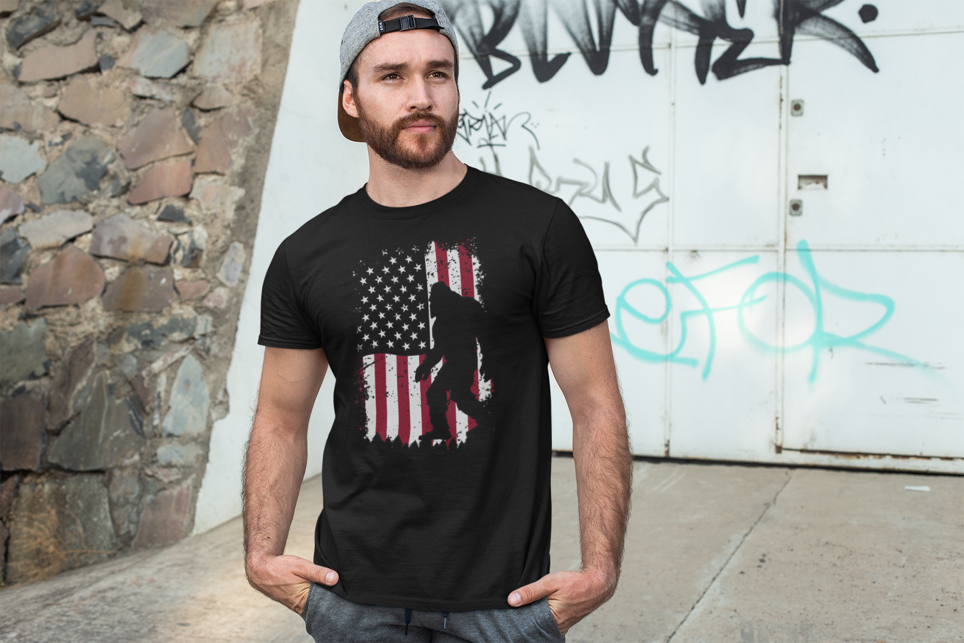 Bigfoot American Flag T-Shirt | Unisex Softstyle Tee | Perfect for Gift, Independence Day, Summer Style, Outdoor Fun, Sasquatch Lover product thumbnail image