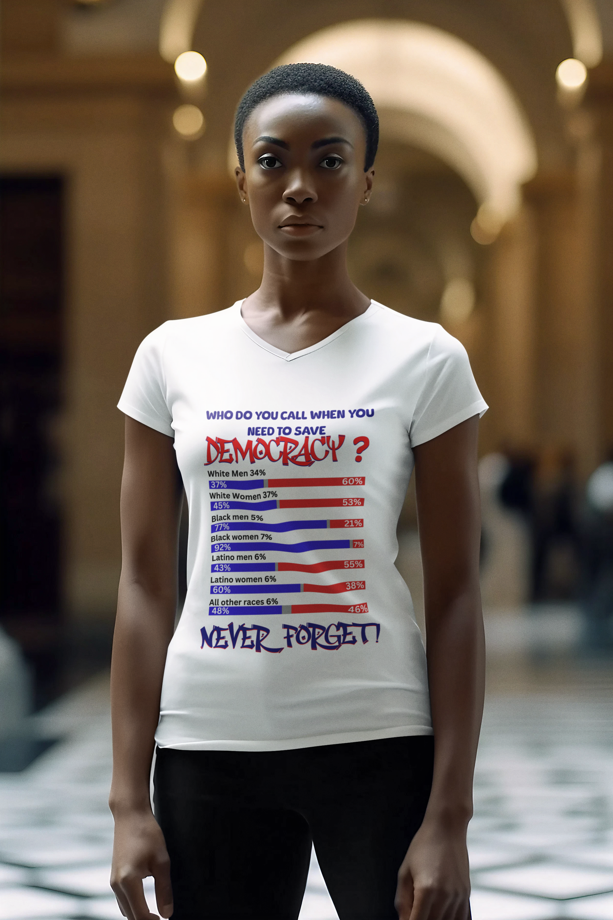 92% T-Shirt, The Power of Black Women Jersey Short Sleeve V-Neck Tee, Who do You Call When You Need to Save Democracy? Black Woman Rest Era product thumbnail image