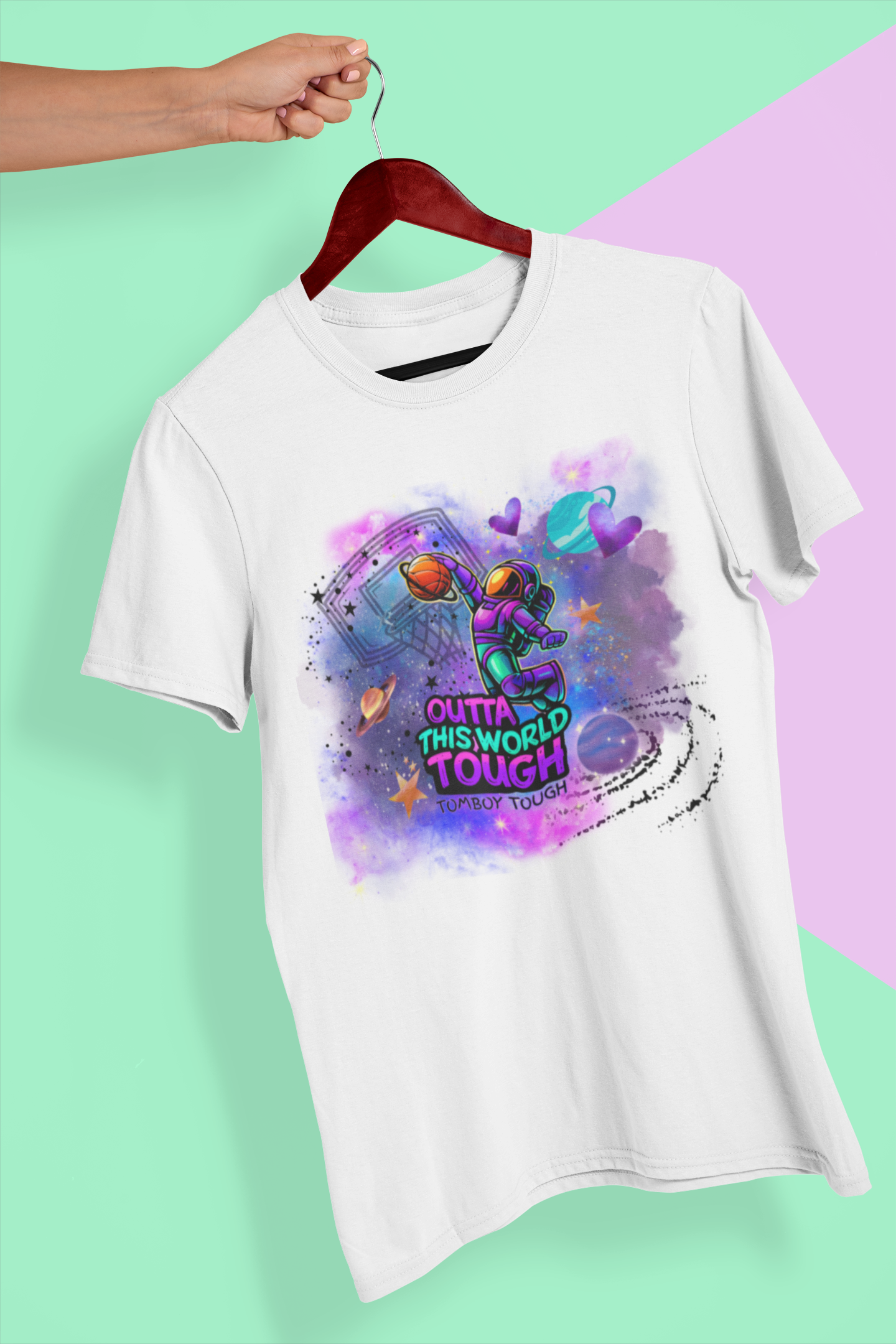 "Outta This World Tough | Tomboy Tough" Basketball Lovers' Heavy Cotton Tee - Astronaut Tee, Space Lover's Gift, Casual Wear, Unique Graphic Shirt, Cosmic Fashion product thumbnail image