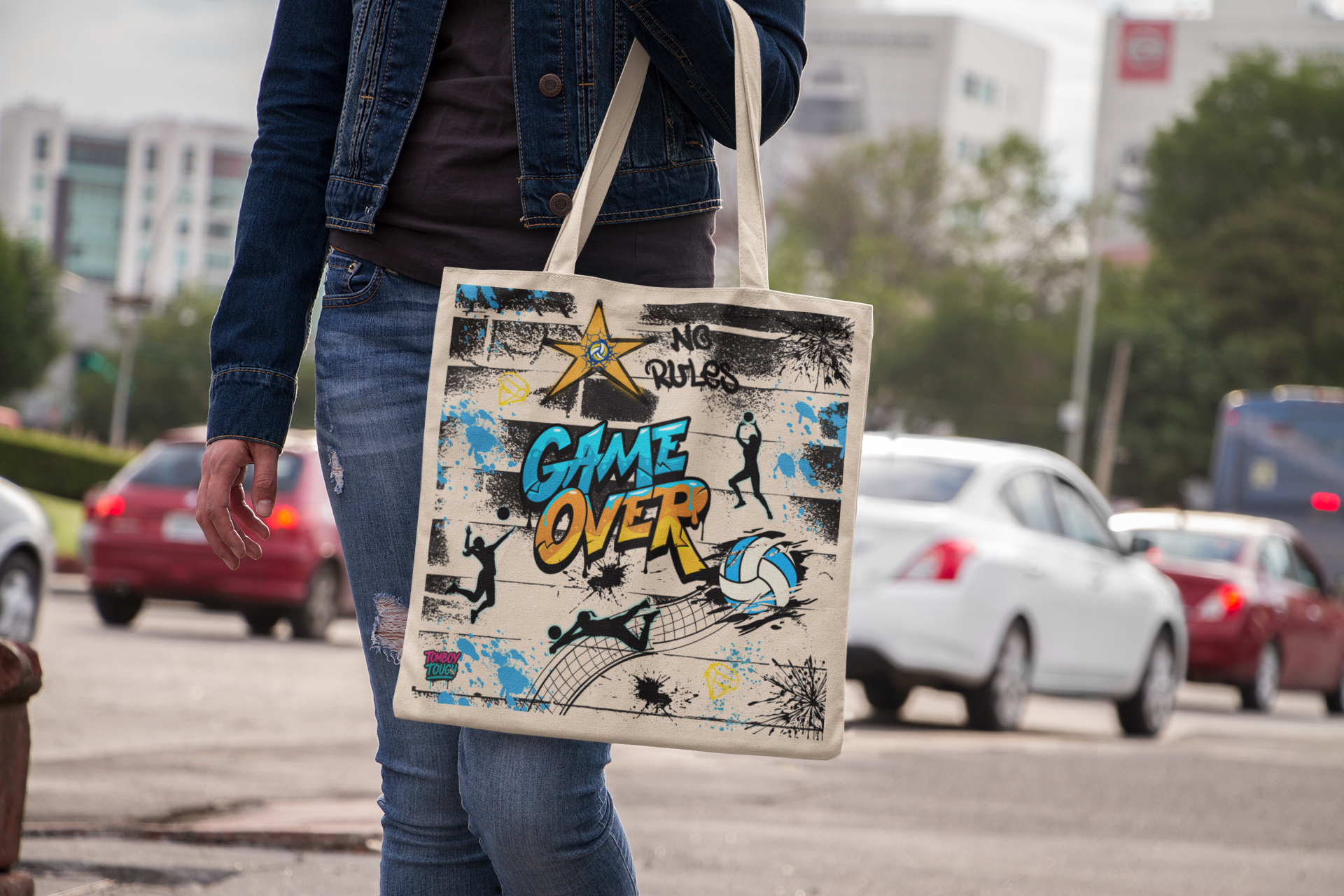 "Game Over" Volleyball Cotton Canvas Tote Bag, Eco-Friendly Shopping Bag, Stylish Gift for Moms,  Teens &amp; Volleyball Players, tote, Lightweight Beach Bag,  product thumbnail image