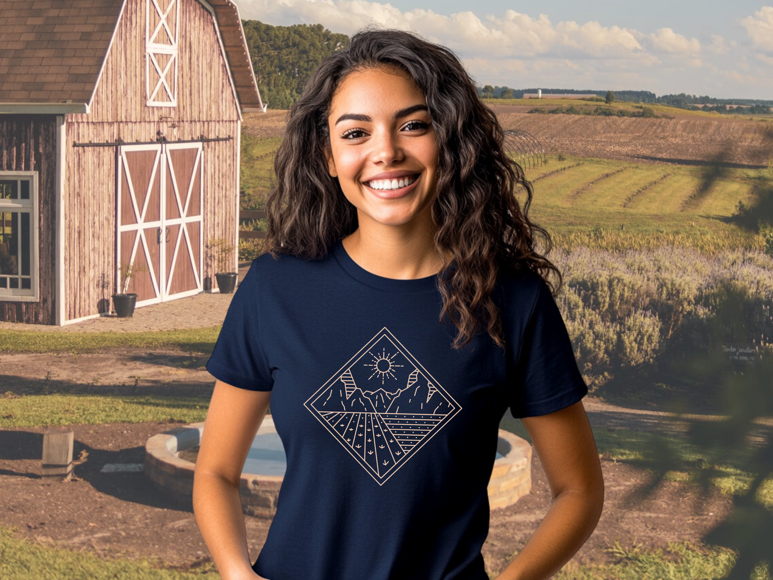 Farm Fields Mountains &amp; Sun Gilden Unisex Softstyle Short Sleeve T-Shirt, Geometric Drawing Tee Shirt