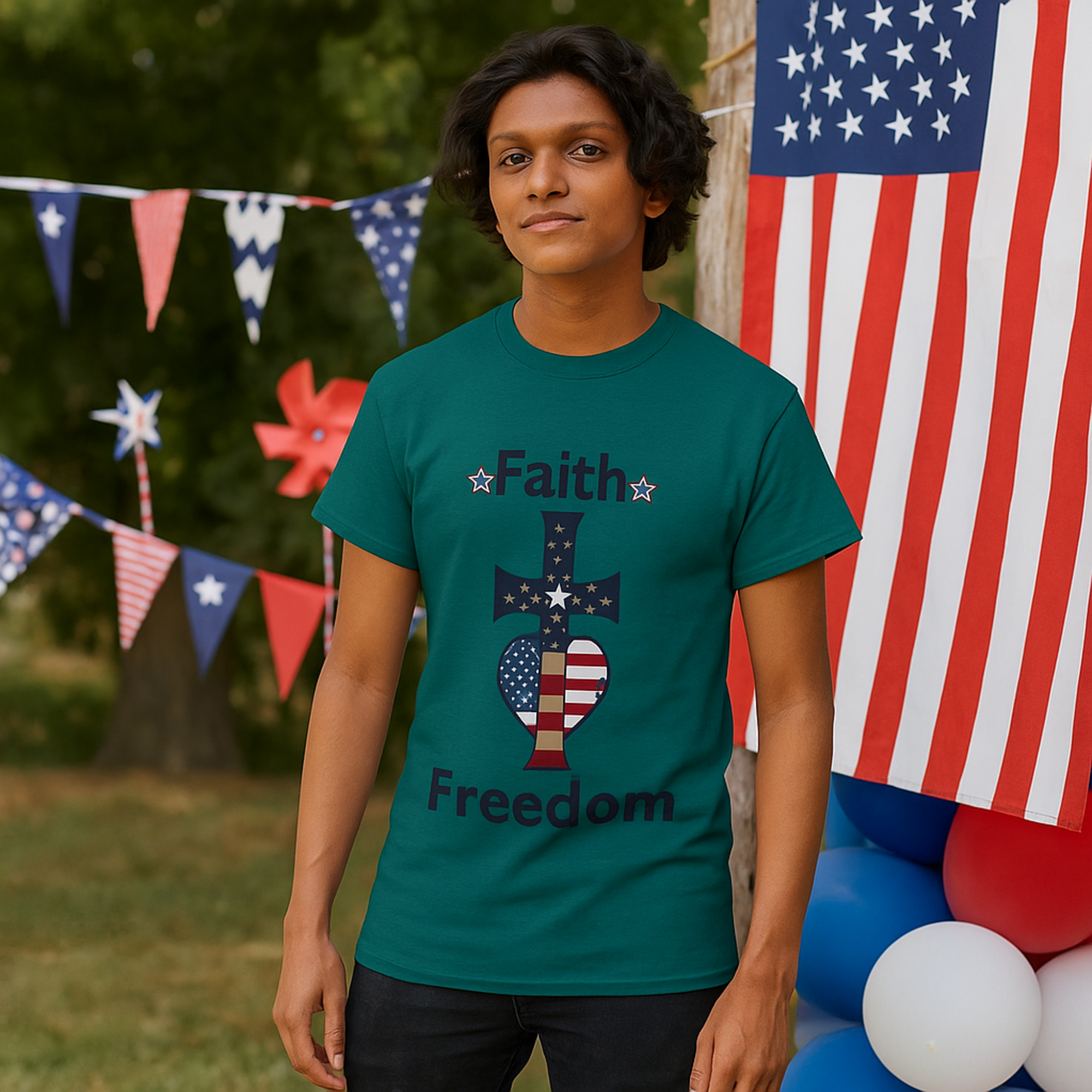 Faith & Freedom Patriotic Cross Heart Unisex T Shirt American Flag Christian Tee 4th of July USA Graphic Tee Religious Independence Day Shirt product thumbnail image Faith & Freedom Patriotic Cross Heart Unisex T Shirt American Flag Christian Tee 4th of July USA Graphic Tee Religious Independence Day Shirt product thumbnail image