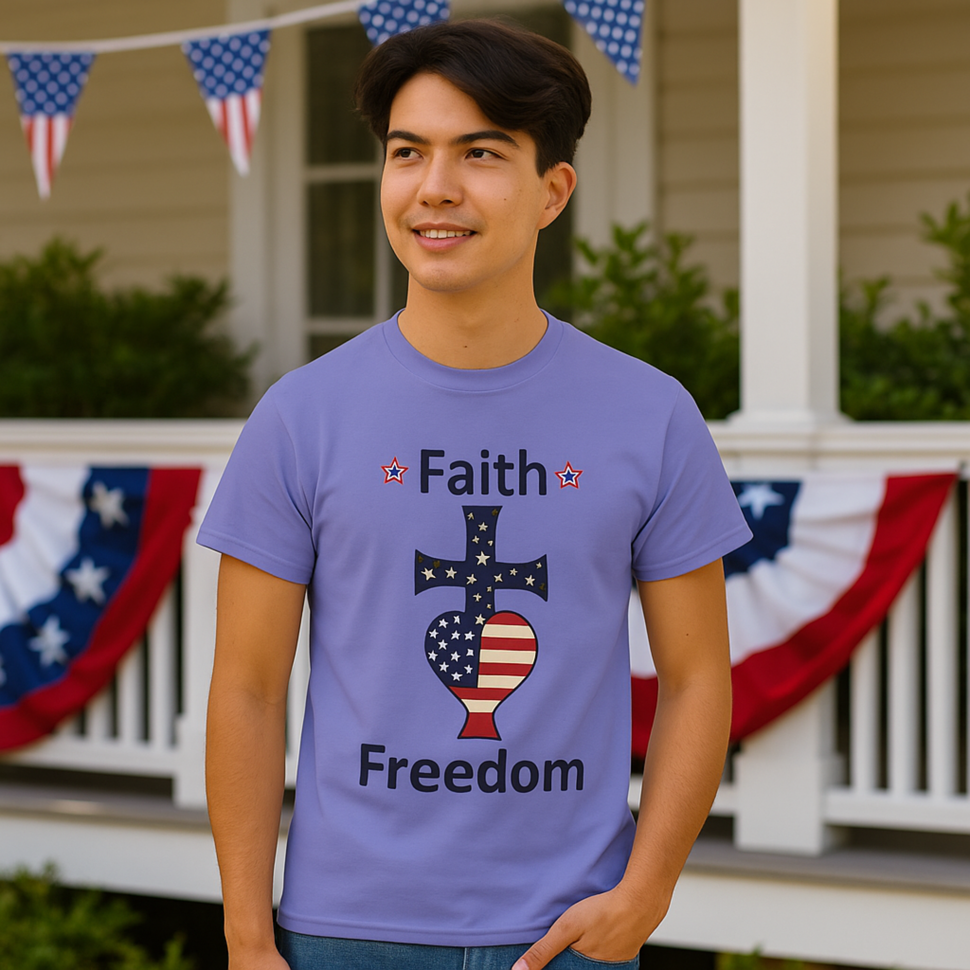 Faith & Freedom Patriotic Cross Heart Unisex T Shirt American Flag Christian Tee 4th of July USA Graphic Tee Religious Independence Day Shirt product thumbnail image Faith & Freedom Patriotic Cross Heart Unisex T Shirt American Flag Christian Tee 4th of July USA Graphic Tee Religious Independence Day Shirt product thumbnail image