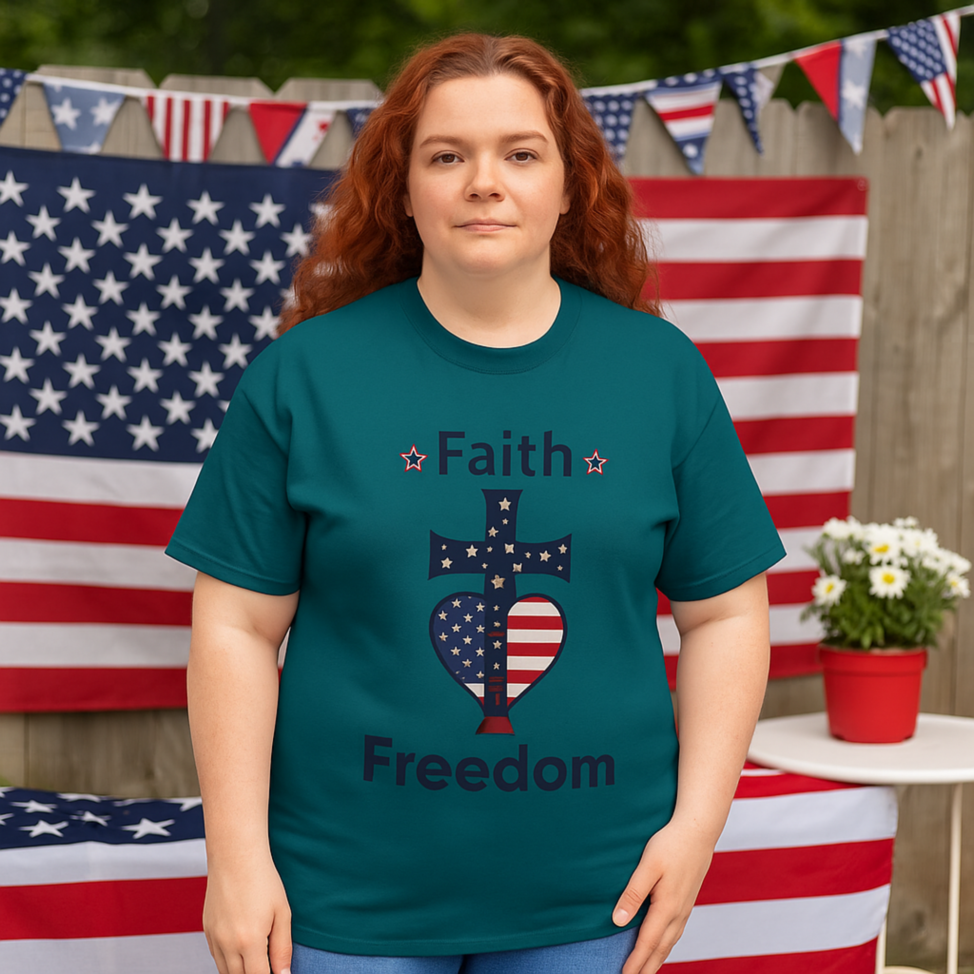 Faith & Freedom Patriotic Cross Heart Unisex T Shirt American Flag Christian Tee 4th of July USA Graphic Tee Religious Independence Day Shirt product thumbnail image Faith & Freedom Patriotic Cross Heart Unisex T Shirt American Flag Christian Tee 4th of July USA Graphic Tee Religious Independence Day Shirt product thumbnail image