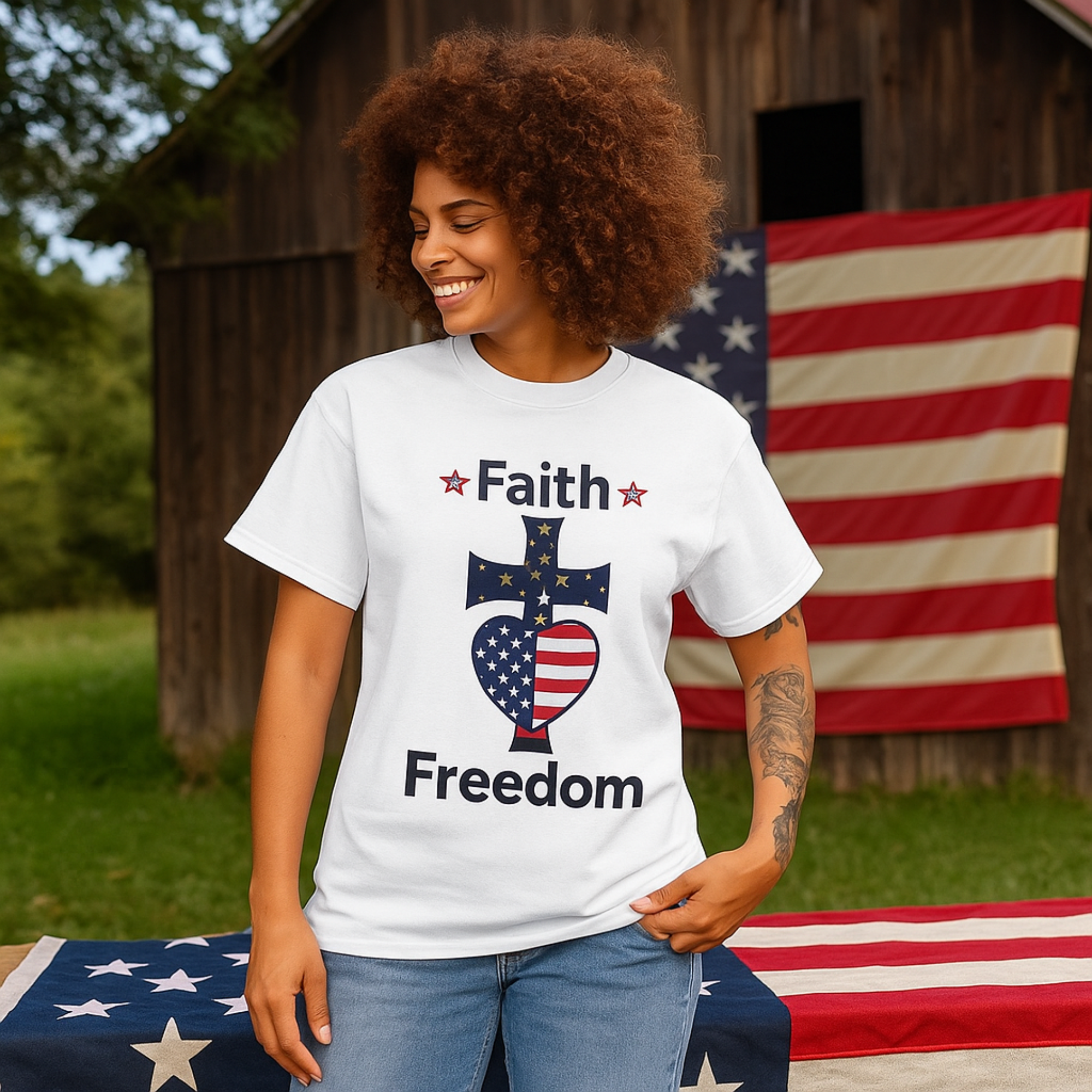 Faith & Freedom Patriotic Cross Heart Unisex T Shirt American Flag Christian Tee 4th of July USA Graphic Tee Religious Independence Day Shirt product thumbnail image Faith & Freedom Patriotic Cross Heart Unisex T Shirt American Flag Christian Tee 4th of July USA Graphic Tee Religious Independence Day Shirt product thumbnail image
