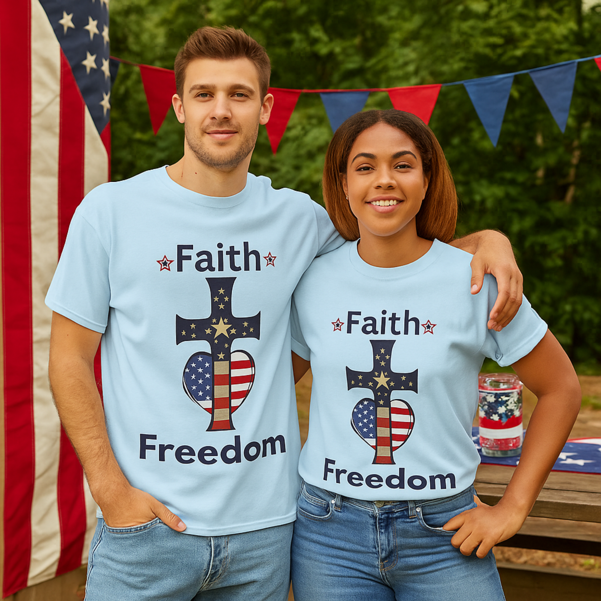 Faith & Freedom Patriotic Cross Heart Unisex T Shirt American Flag Christian Tee 4th of July USA Graphic Tee Religious Independence Day Shirt product thumbnail image Faith & Freedom Patriotic Cross Heart Unisex T Shirt American Flag Christian Tee 4th of July USA Graphic Tee Religious Independence Day Shirt product thumbnail image