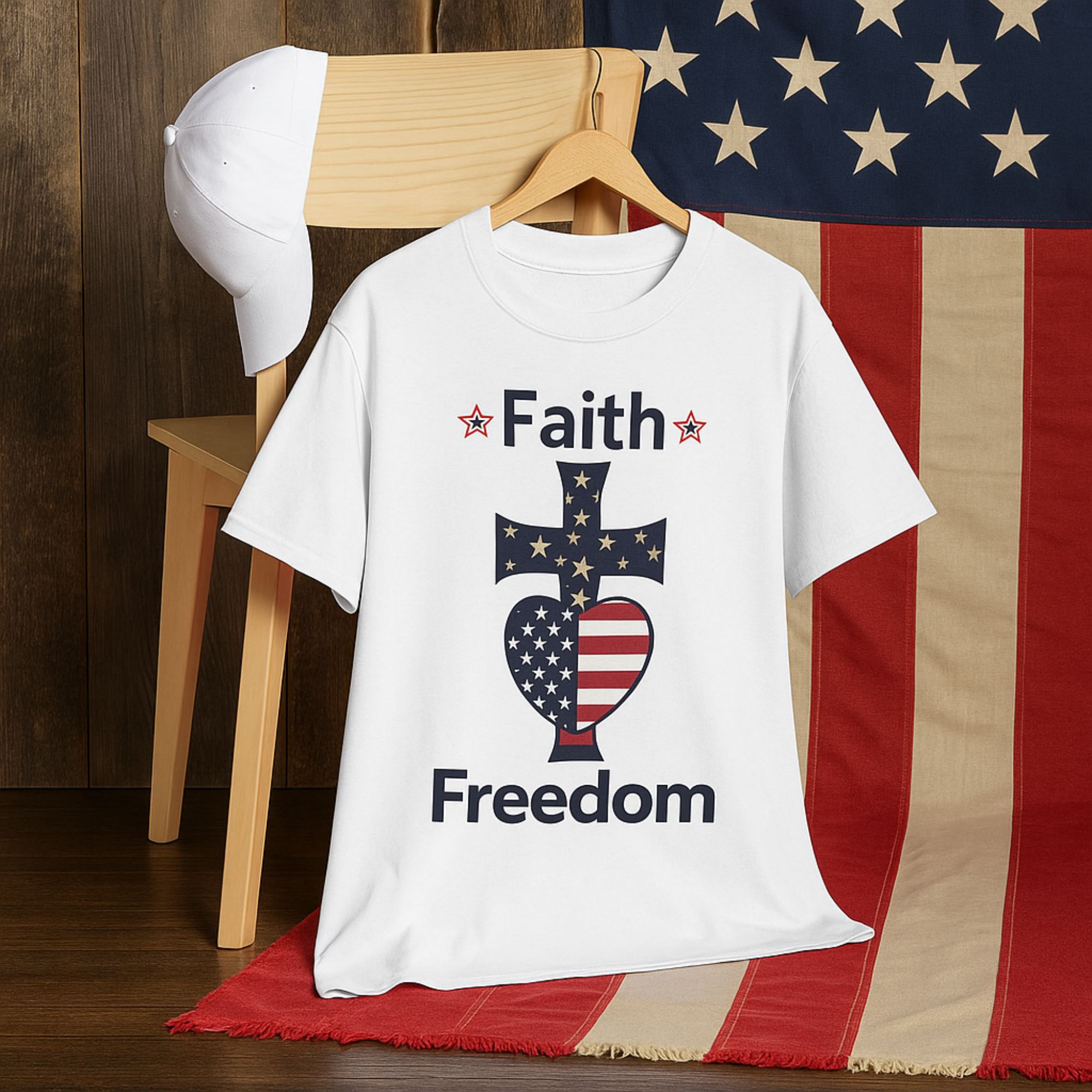 Faith & Freedom Patriotic Cross Heart Unisex T Shirt American Flag Christian Tee 4th of July USA Graphic Tee Religious Independence Day Shirt product thumbnail image Faith & Freedom Patriotic Cross Heart Unisex T Shirt American Flag Christian Tee 4th of July USA Graphic Tee Religious Independence Day Shirt product thumbnail image