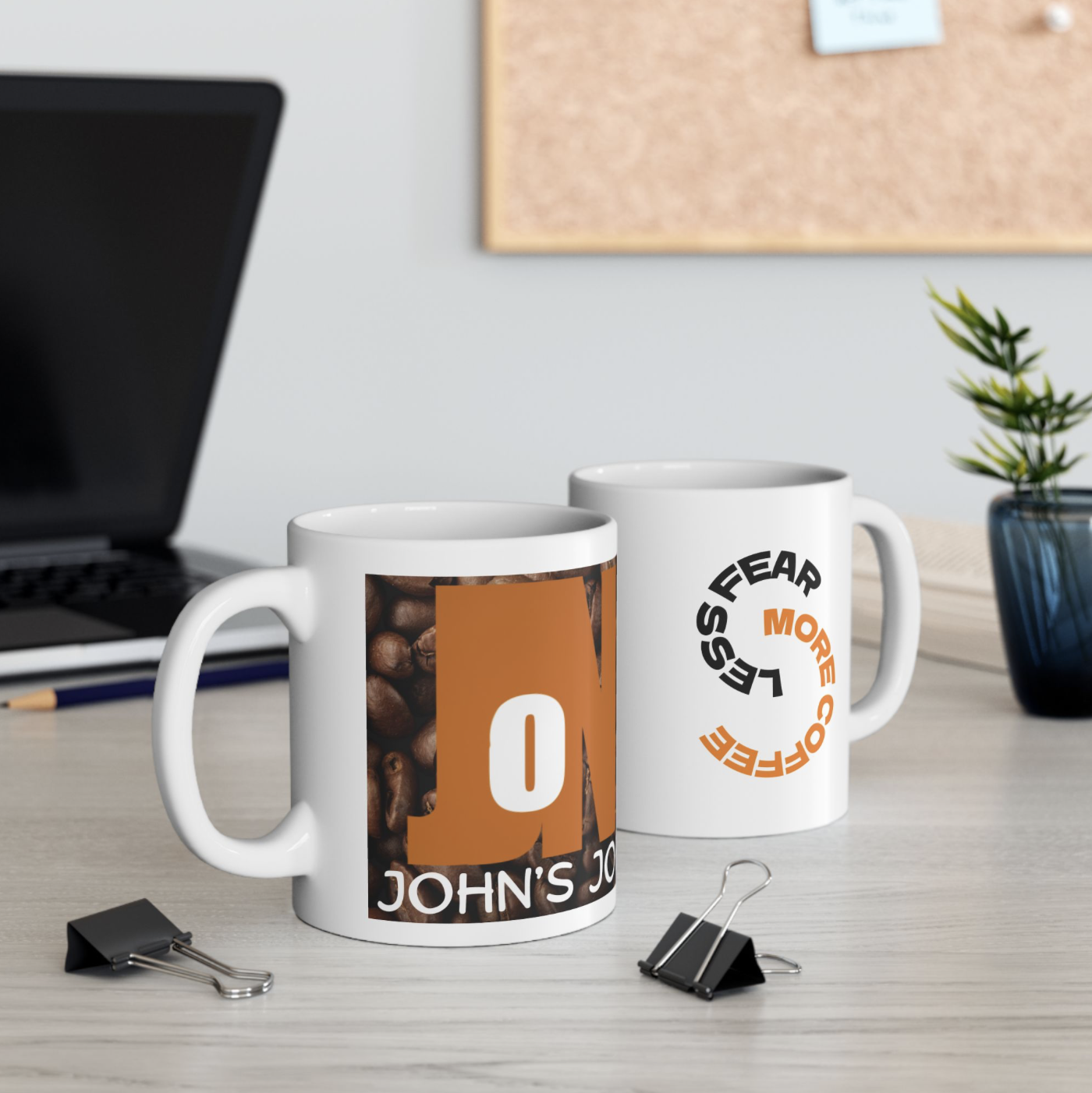 "Johns Joe: Less Fear, More Coffee"Personalized Ceramic Coffee Mug for Coffee Lovers, Gift for Him, Custom Drinkware, Unique Home Decor, Birthday Gift