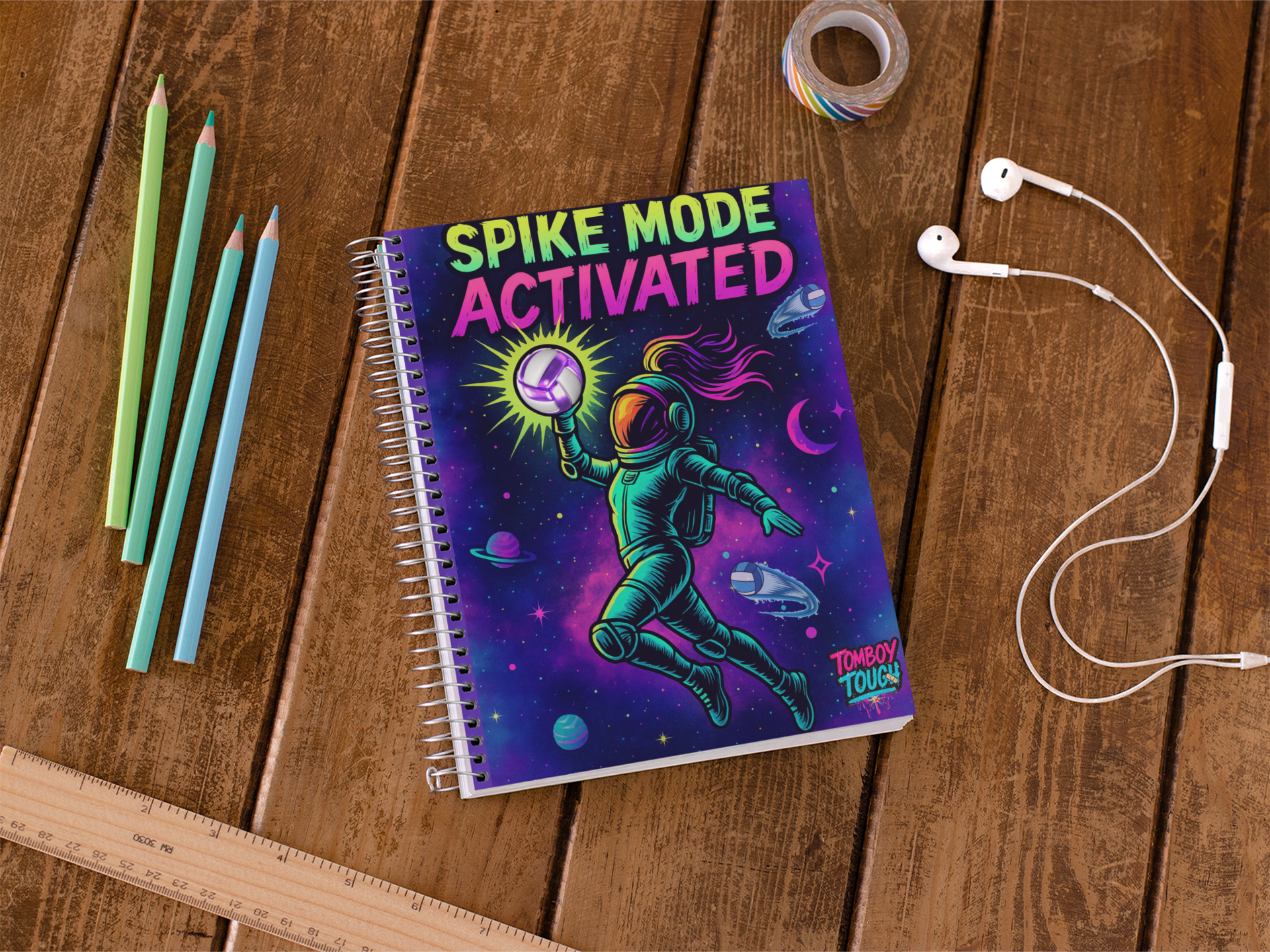 Vibrant Spiral Notebook for Volleyball Stars | Spike Mode Activated Galaxy, Journal, Planner, Gift for Students, Colorful Stationery product thumbnail image
