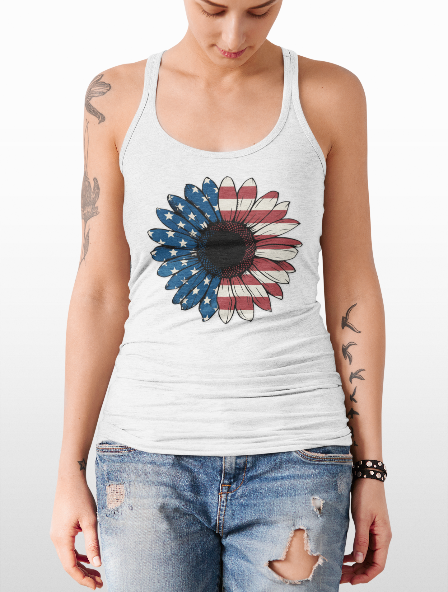 Sunflower Tank Top for Women - Summer Fashion Racerback Tee | Casual Nature-Inspired Shirt | American Made Floral Graphic Top product thumbnail image