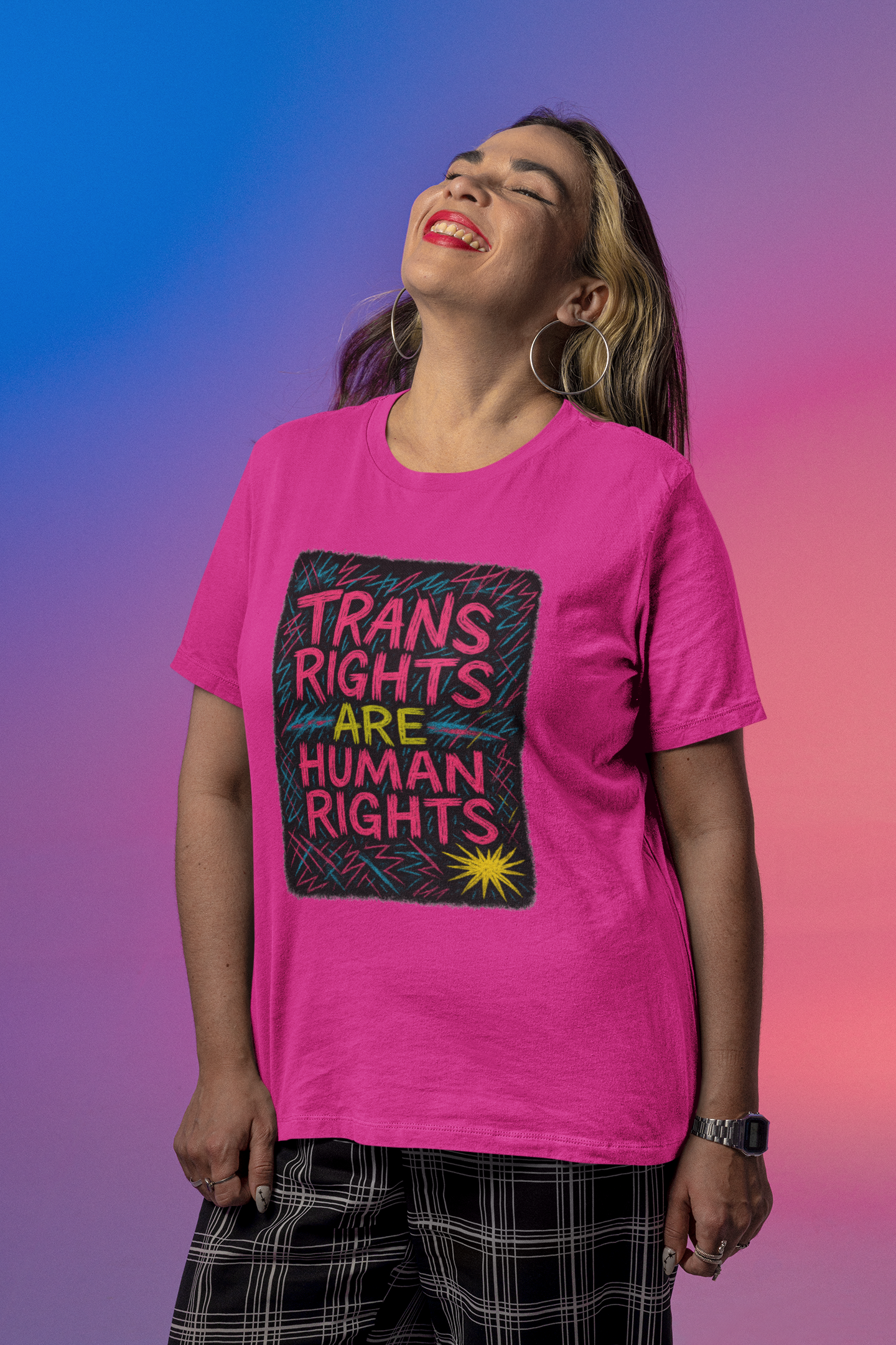 Trans Rights Are Human Rights – Neon Graffiti Unisex Softstyle Tee product thumbnail image