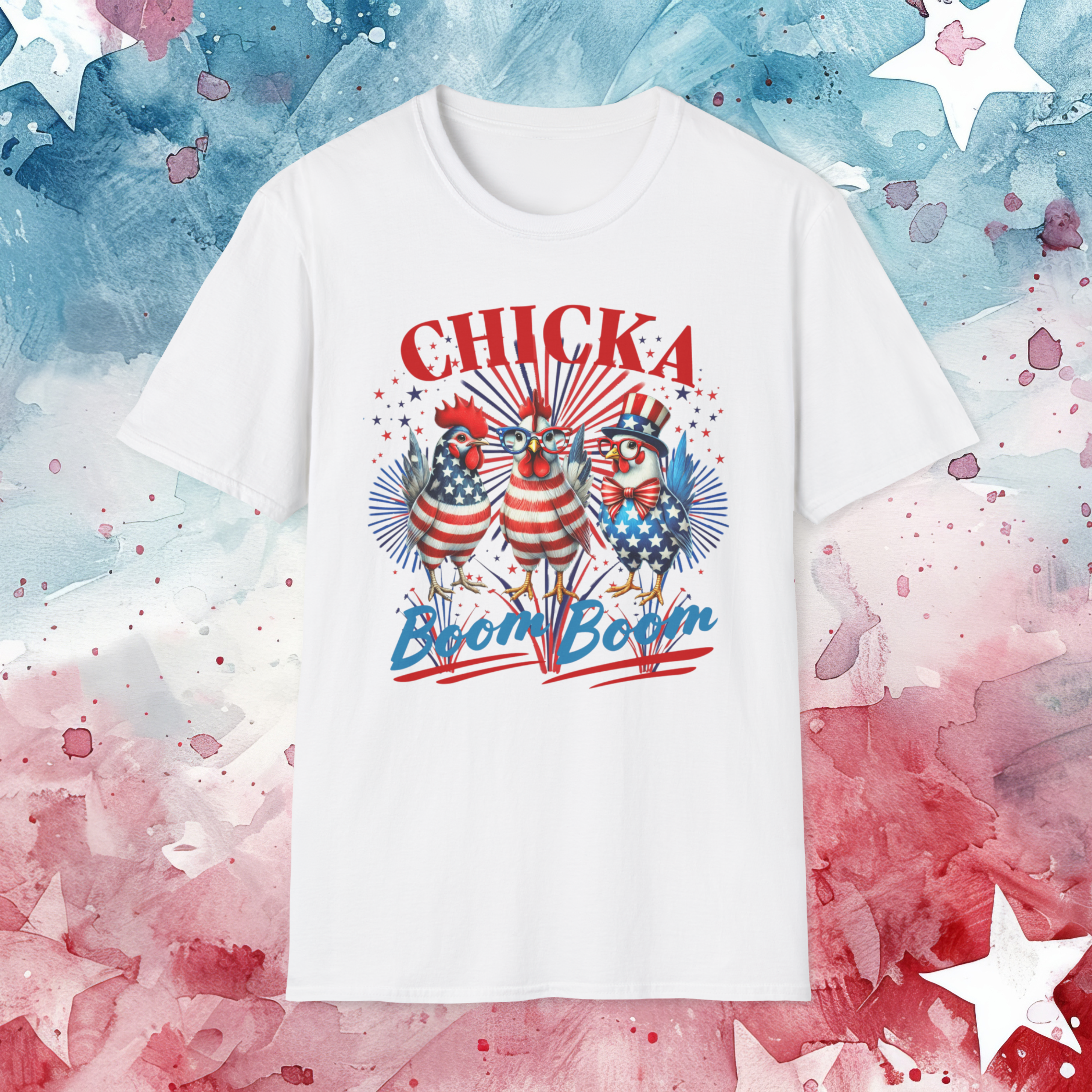 Chicka Boom Boom Patriotic T-Shirt, Unisex Softstyle Tee, Perfect for Independence Day, Casual Summer Wear, Fourth of July Chicken Shirt