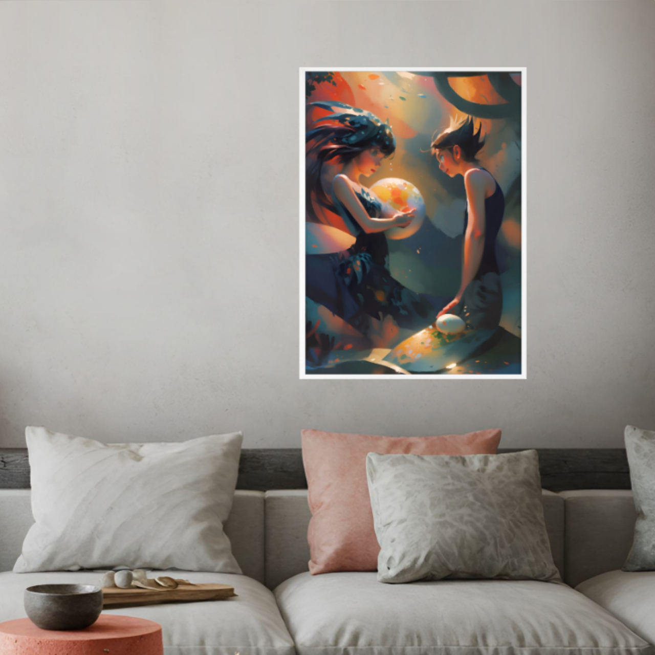 Framed Wall Art, Mermaid Lovers Tarot Print Two of Cups Romantic Bond Poster, Soul Connection Gift Mythological Couples Decor, Sacred Egg