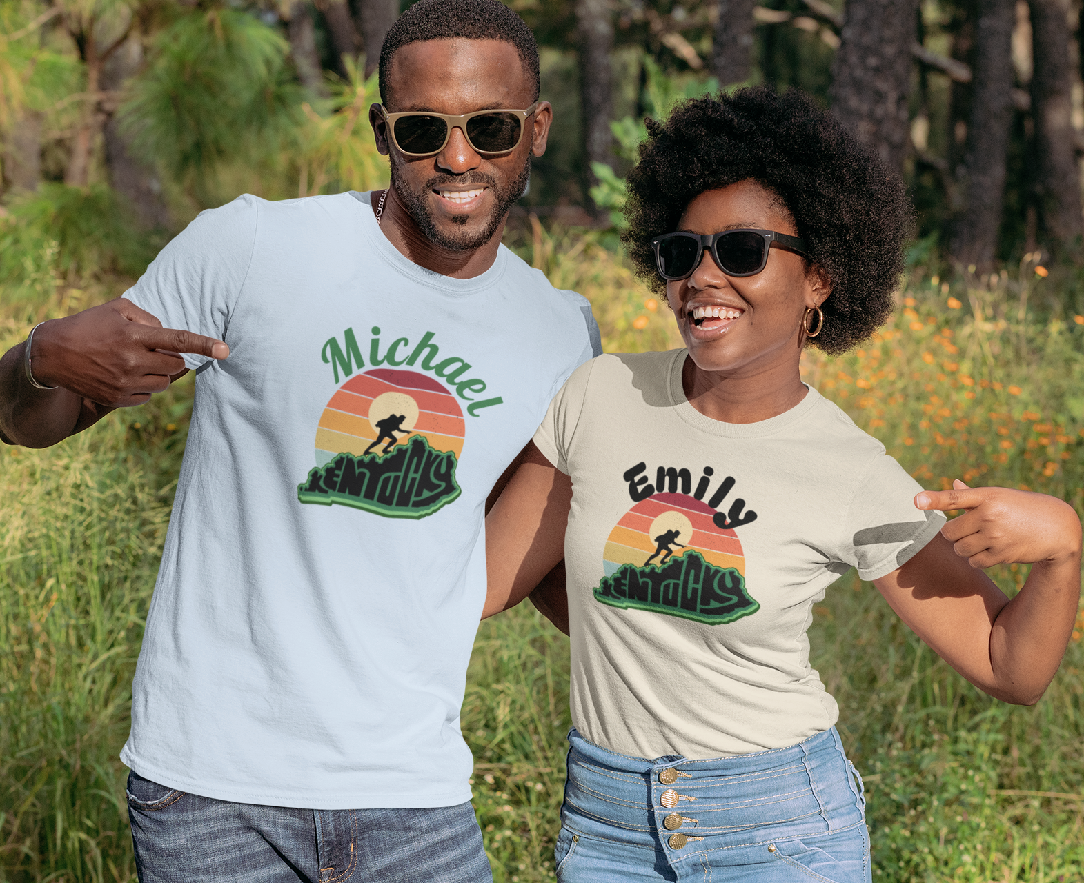 Personalized Retro Kentucky Sunset Hiker TShirt, Kentucky gift, hiking shirt, retro sunset design, state pride shirt, state shaped design, kentucky lover gift product thumbnail image