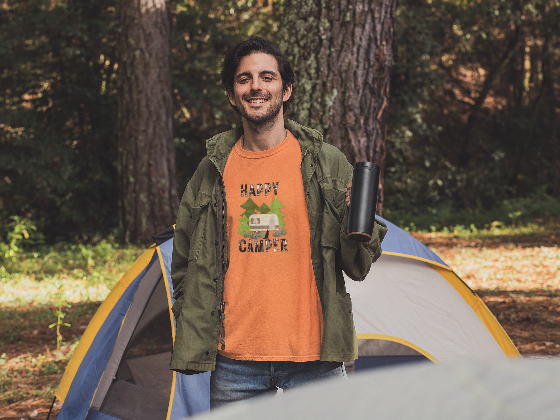Happy Camper II (with black dog) - Unisex Softstyle T-Shirt product thumbnail image Happy Camper II (with black dog) - Unisex Softstyle T-Shirt product thumbnail image