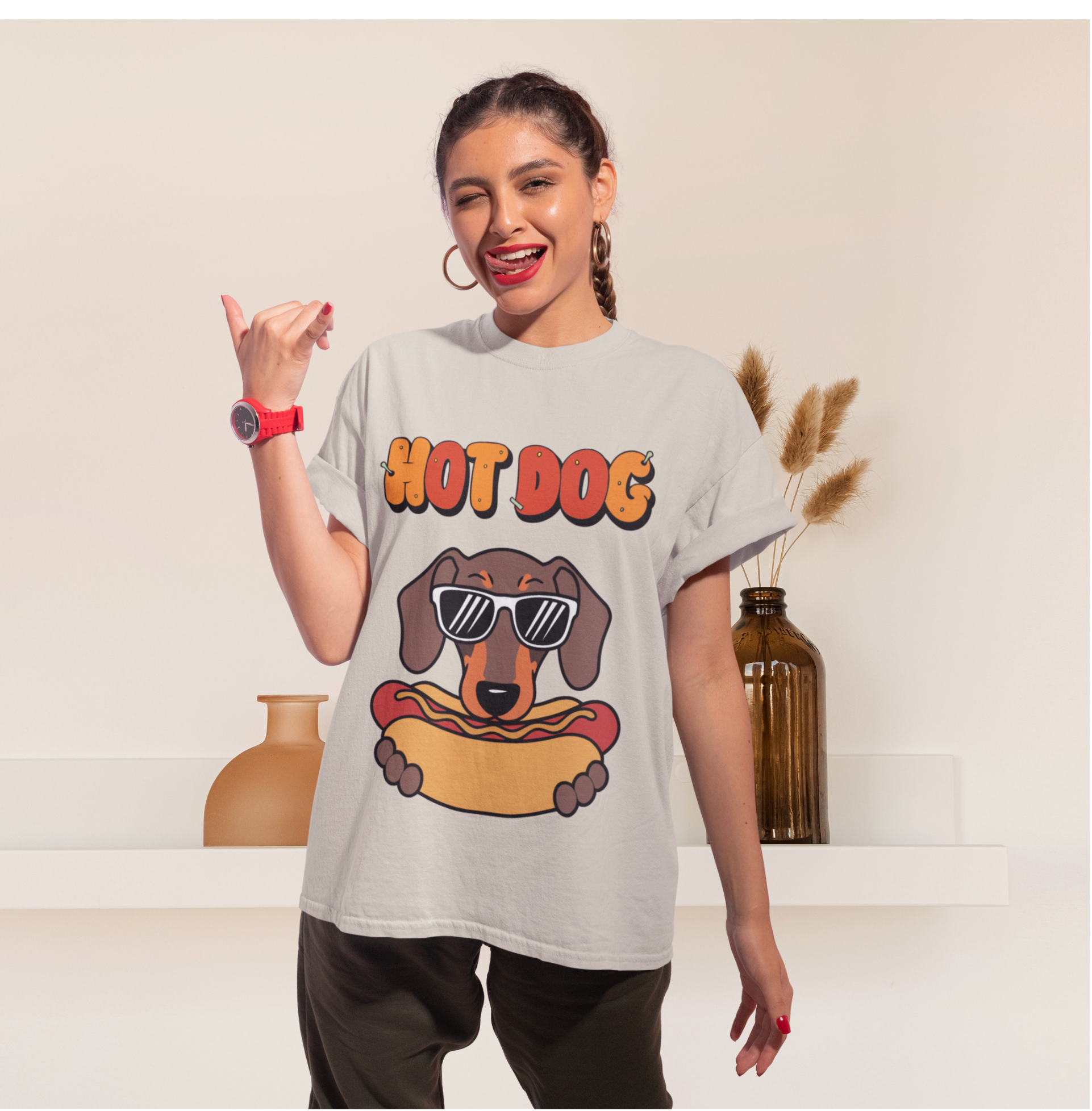 Funny Hot Dog Graphic T-Shirt, Dachshund Lover Tee, Unisex Summer Shirt, Pet Owner Gift, Dog With Shades product thumbnail image