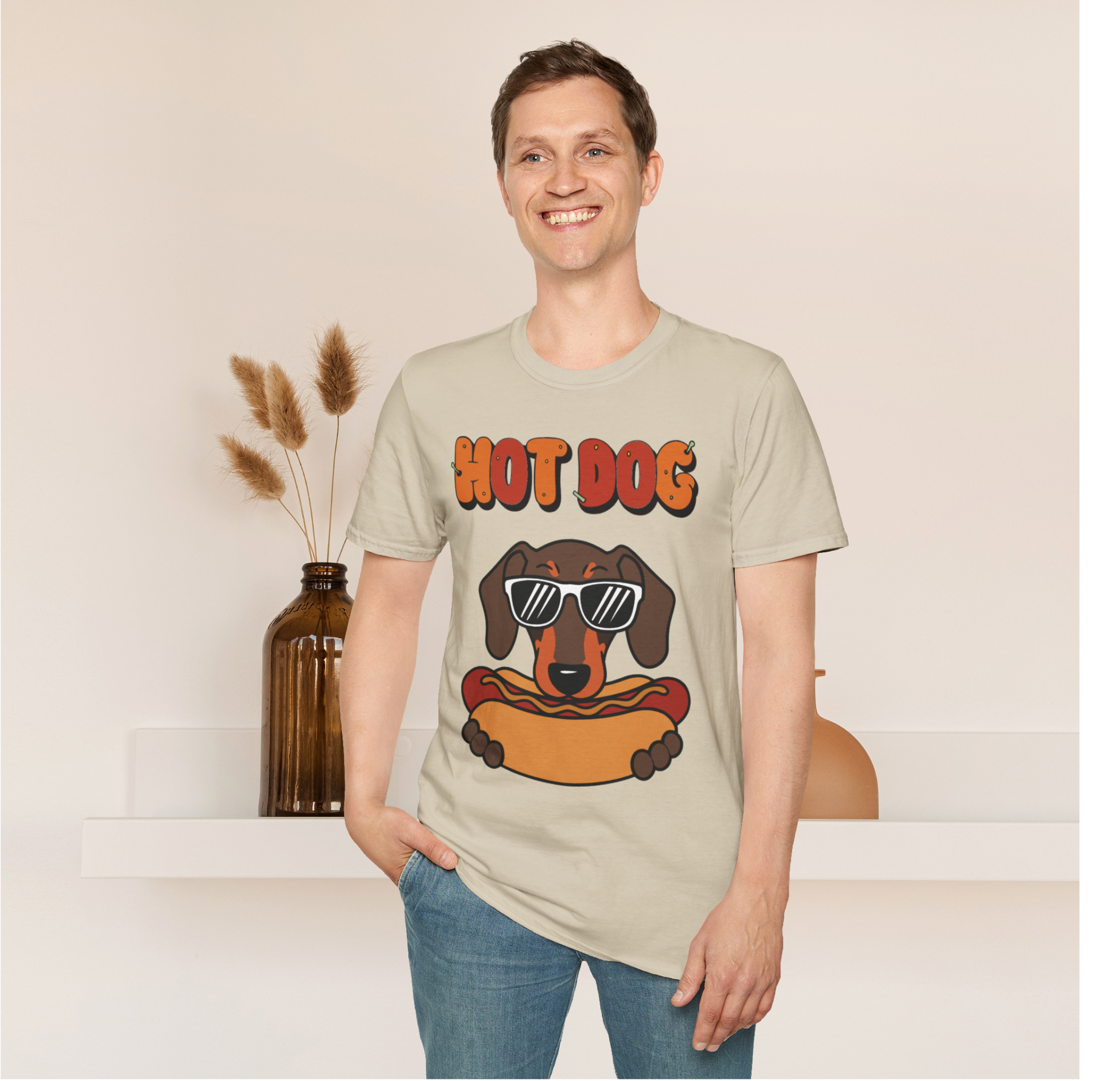 Funny Hot Dog Graphic T-Shirt, Dachshund Lover Tee, Unisex Summer Shirt, Pet Owner Gift, Dog With Shades product thumbnail image