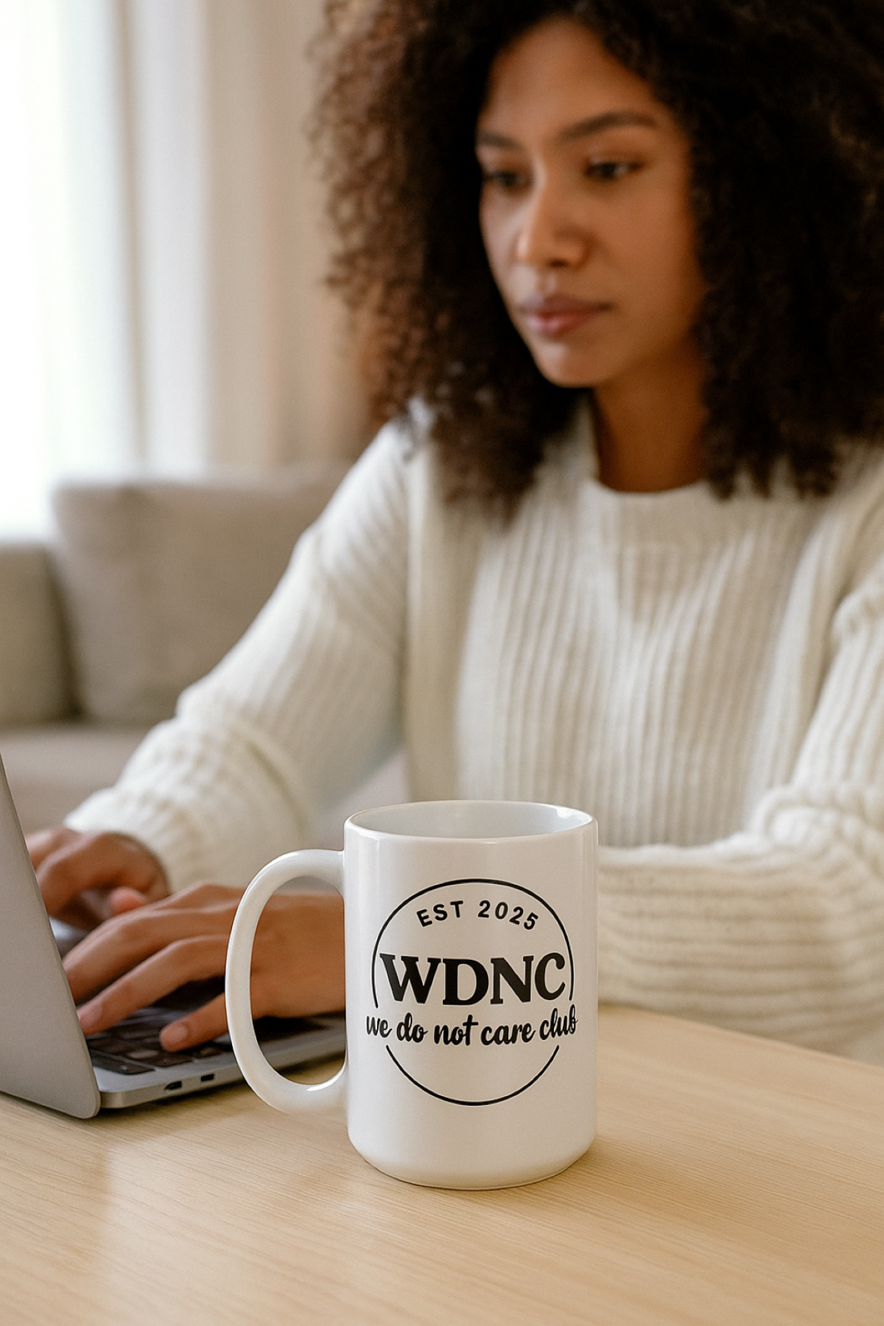 Coffee Mug: Personalized WDNC We Do Not Care Club Gift, Fun Drinkware, Unique Coffee Cup, Stylish Mug for Friends, Office Humor