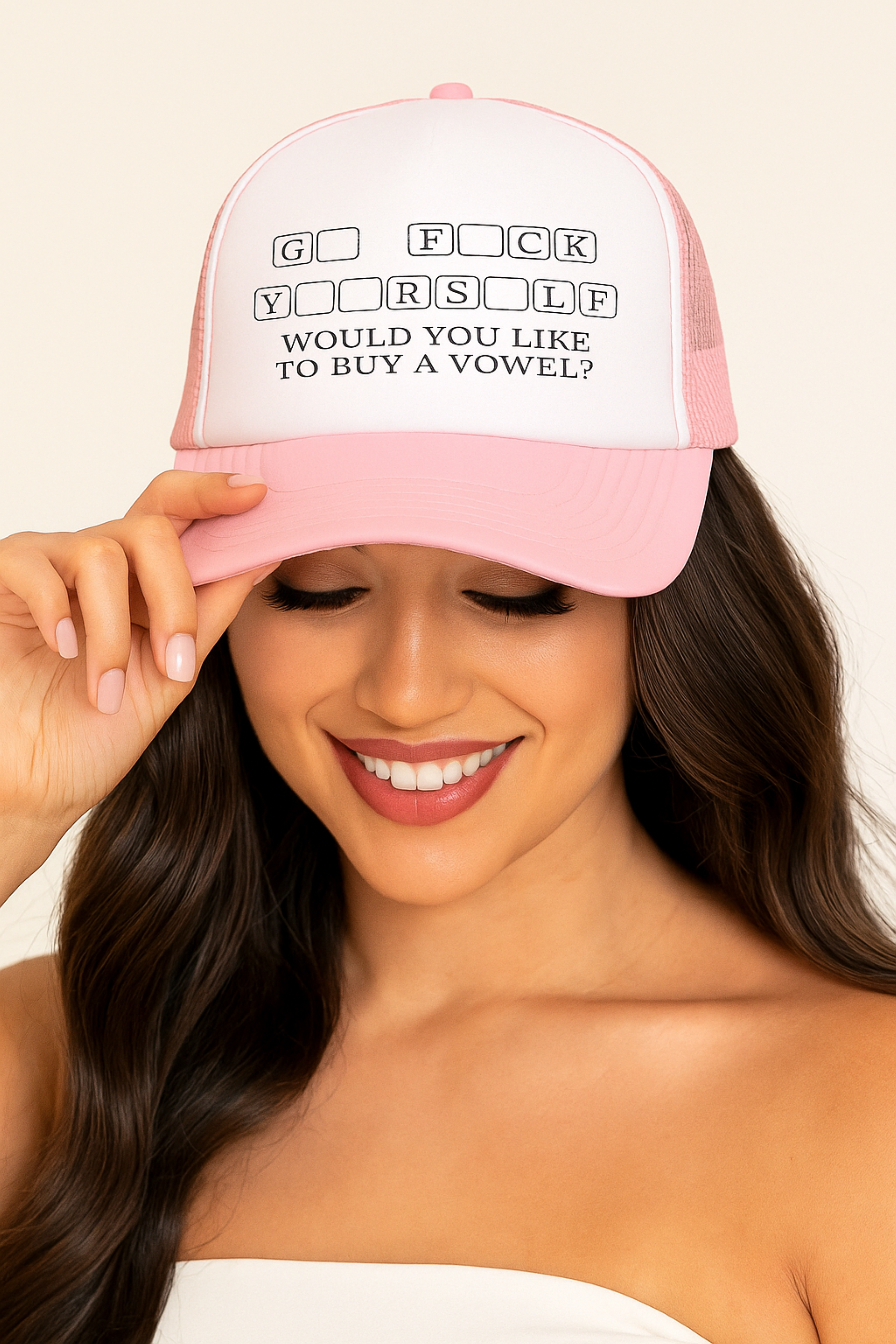 Funny Embroidered Foam Trucker Hat, Would You Like to Buy a Vowel Pink Mesh Cap for Sarcastic Baddies and Bold Looks