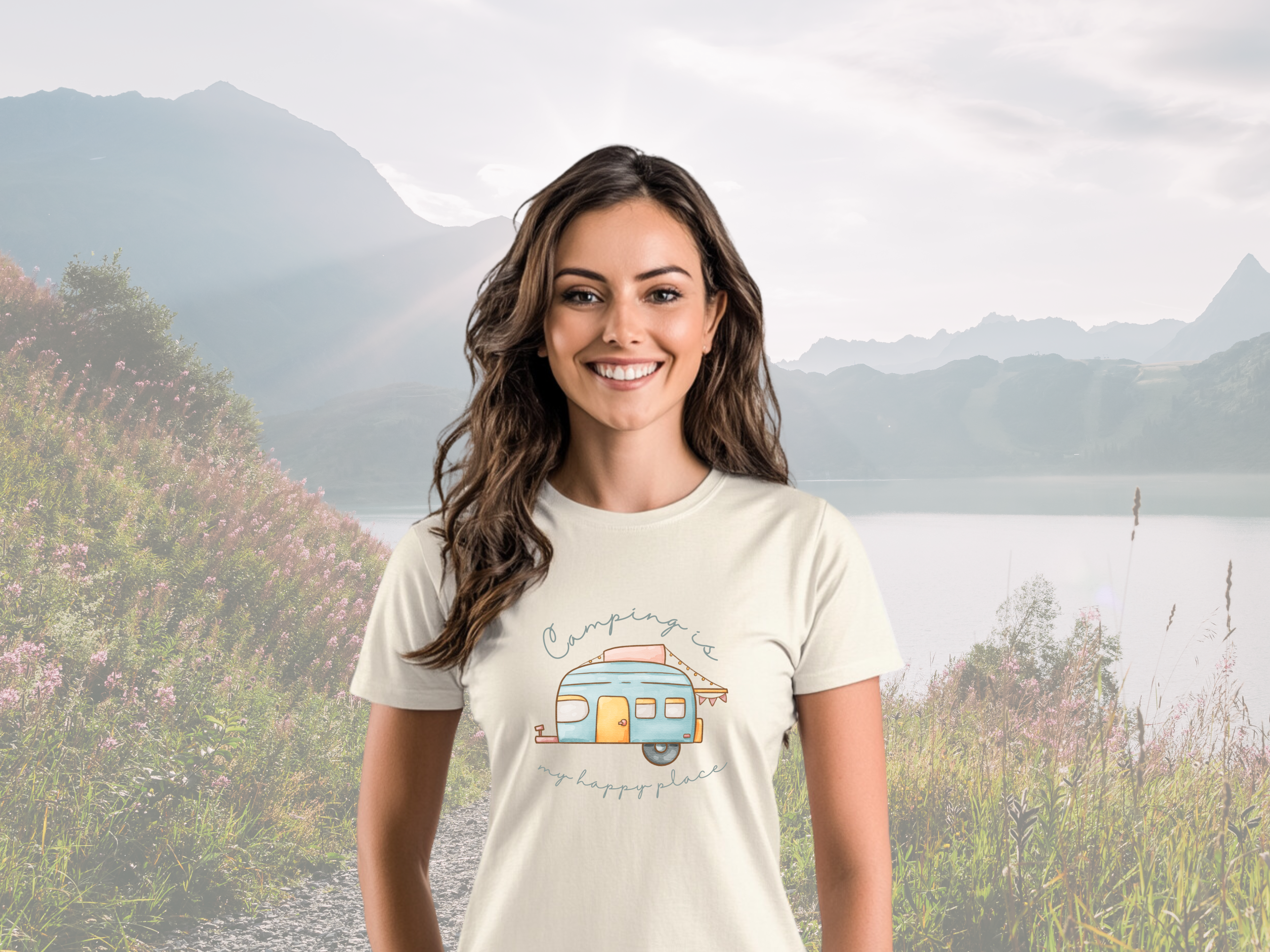 Camping is My Happy Place Gilden Unisex Softstyle Short Sleeve T-Shirt, Camper Adventure Tee Shirt