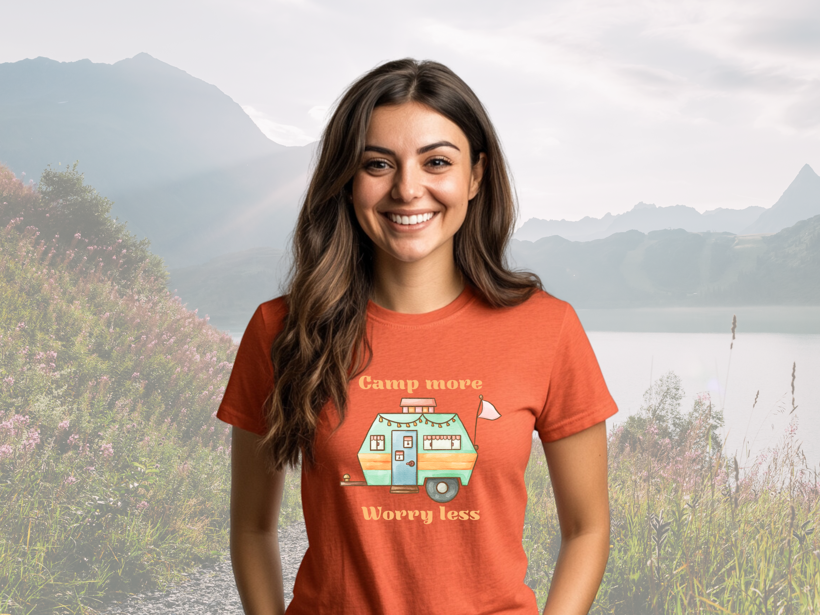 Camp More Worry Less Gilden Unisex Softstyle Short Sleeve T-Shirt, Camper Adventure Tee Shirt