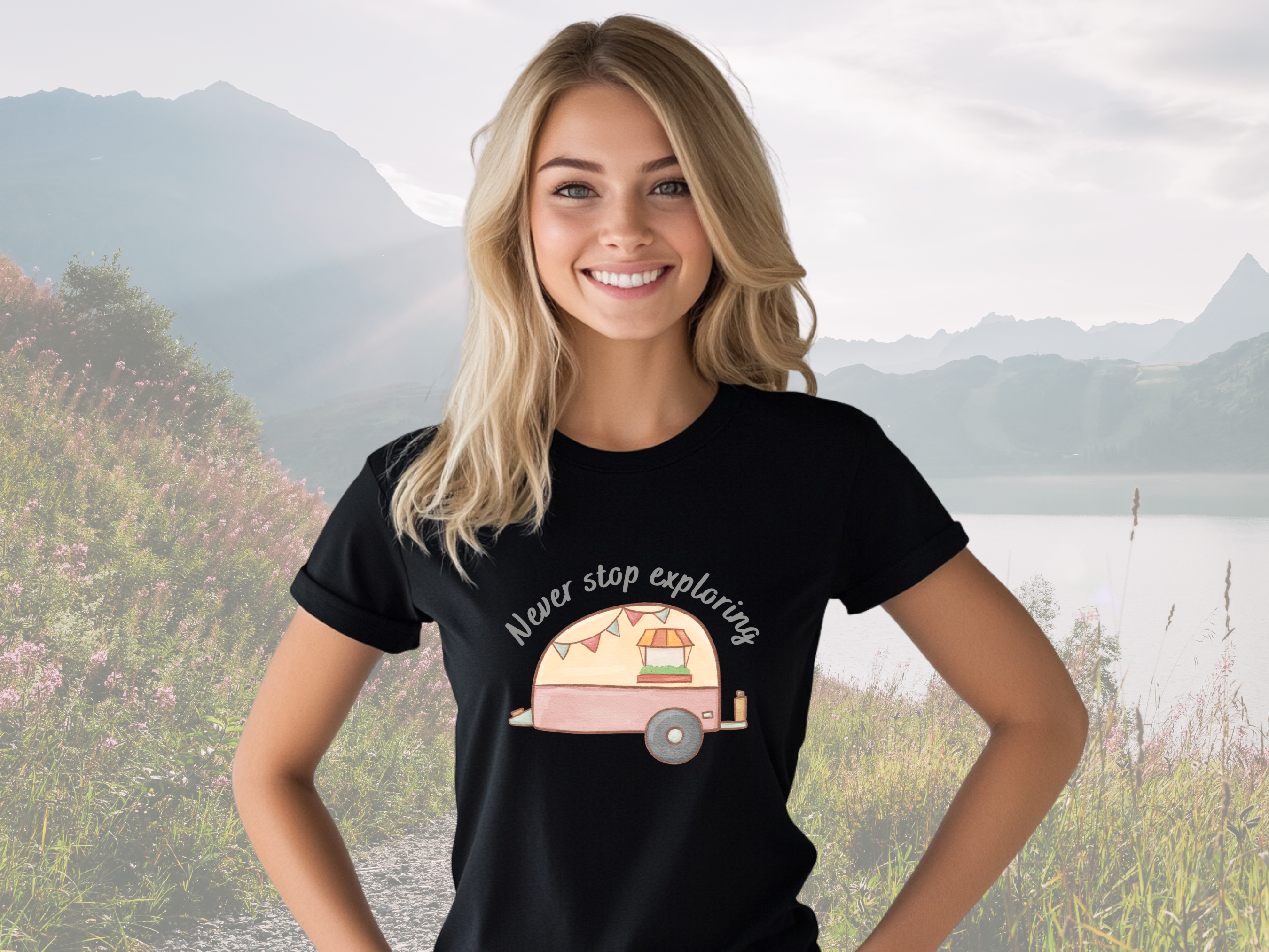 Never Stop Exploring Gilden Unisex Softstyle Short Sleeve T-Shirt, Camper Adventure Tee Shirt