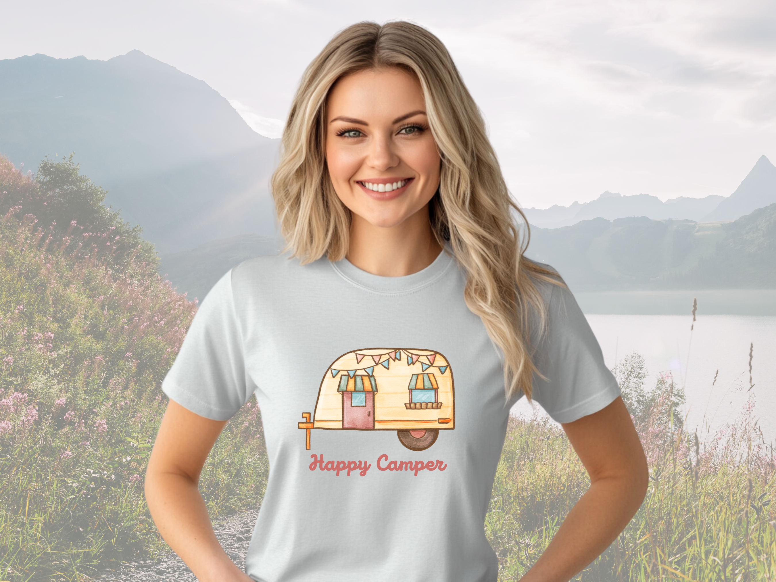Happy Camper Gilden Unisex Softstyle Short Sleeve T-Shirt, Adventure Tee Shirt