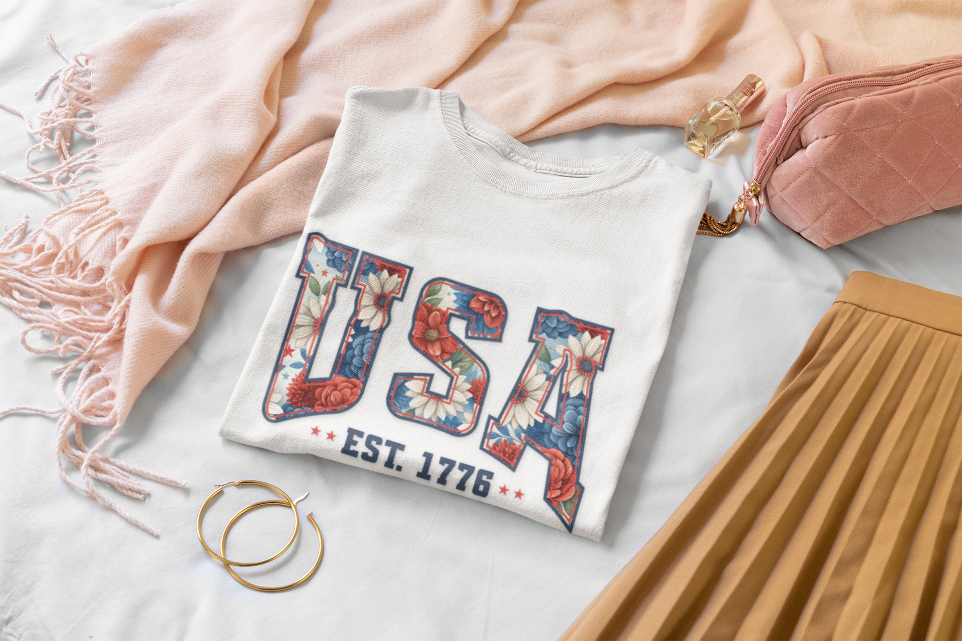 Patriotic USA Softstyle Tee for Women - Perfect for Independence Day, Casual Wear, Summer BBQs, Festivals, and Everyday Comfort product thumbnail image Patriotic USA Softstyle Tee for Women - Perfect for Independence Day, Casual Wear, Summer BBQs, Festivals, and Everyday Comfort product thumbnail image