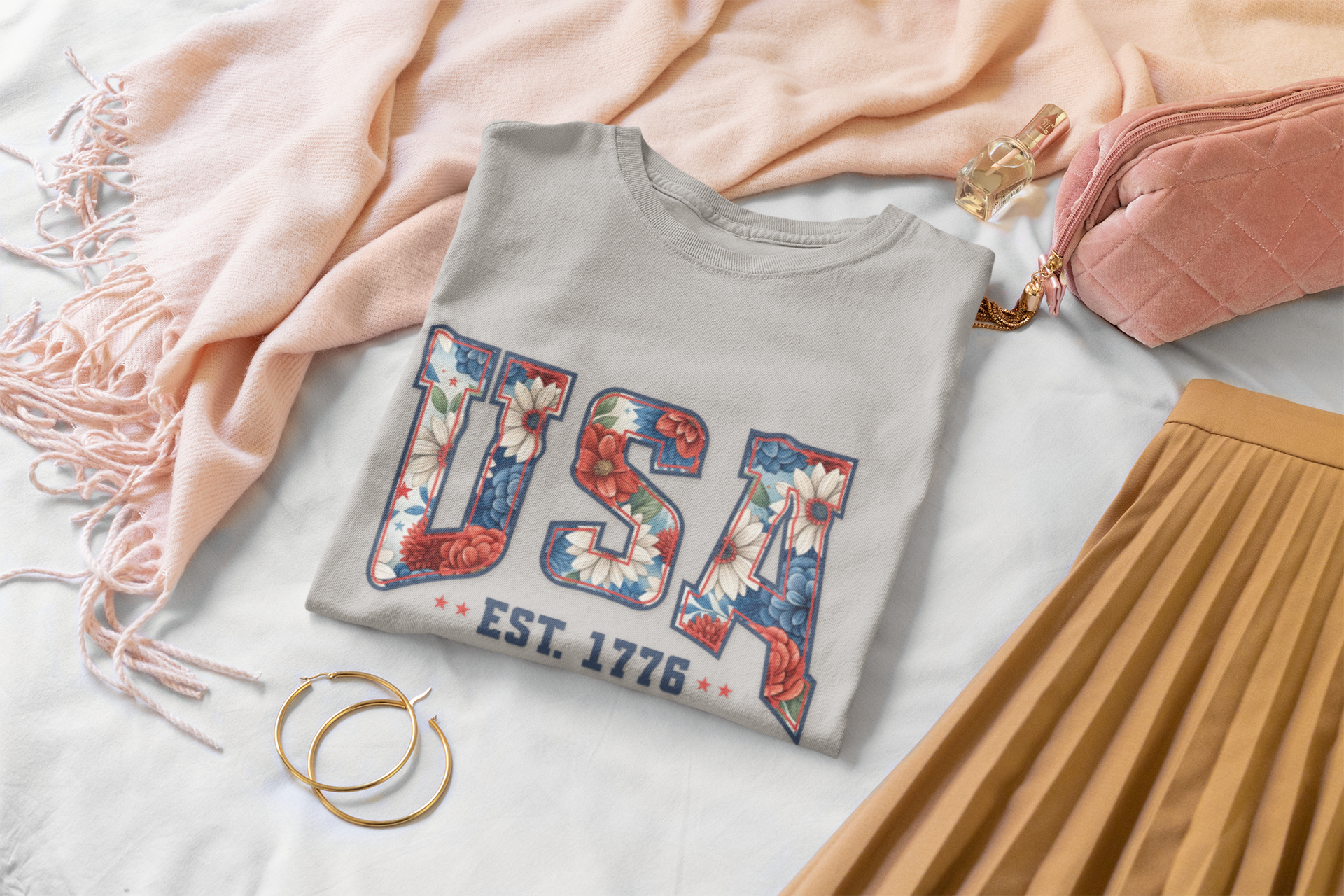 Patriotic USA Softstyle Tee for Women - Perfect for Independence Day, Casual Wear, Summer BBQs, Festivals, and Everyday Comfort product thumbnail image Patriotic USA Softstyle Tee for Women - Perfect for Independence Day, Casual Wear, Summer BBQs, Festivals, and Everyday Comfort product thumbnail image