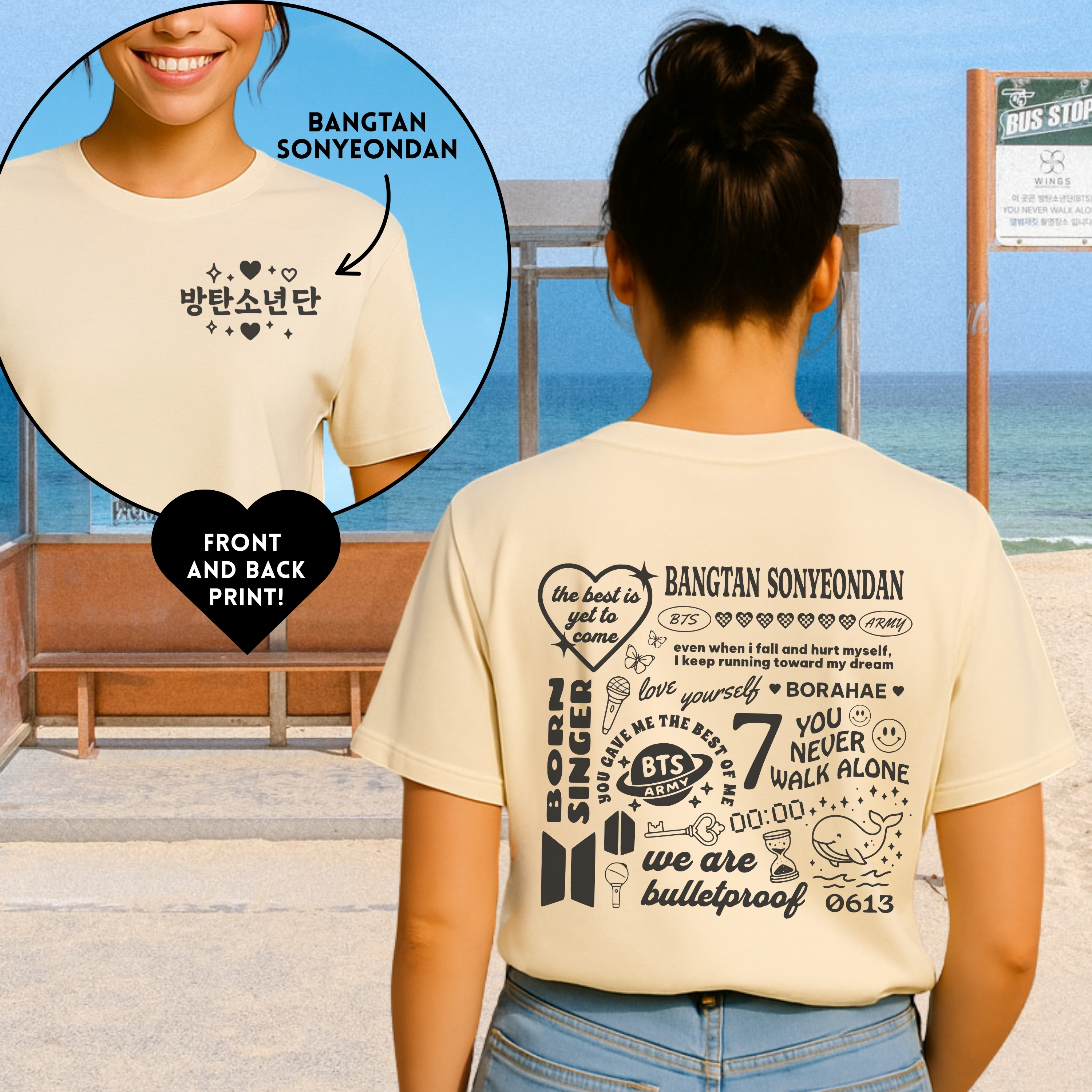 Bangtan Doodle Unisex Tee, Printed on Front and Back, Designed for Army, by Army Bangtan Doodle Unisex Tee, Printed on Front and Back, Designed for Army, by Army