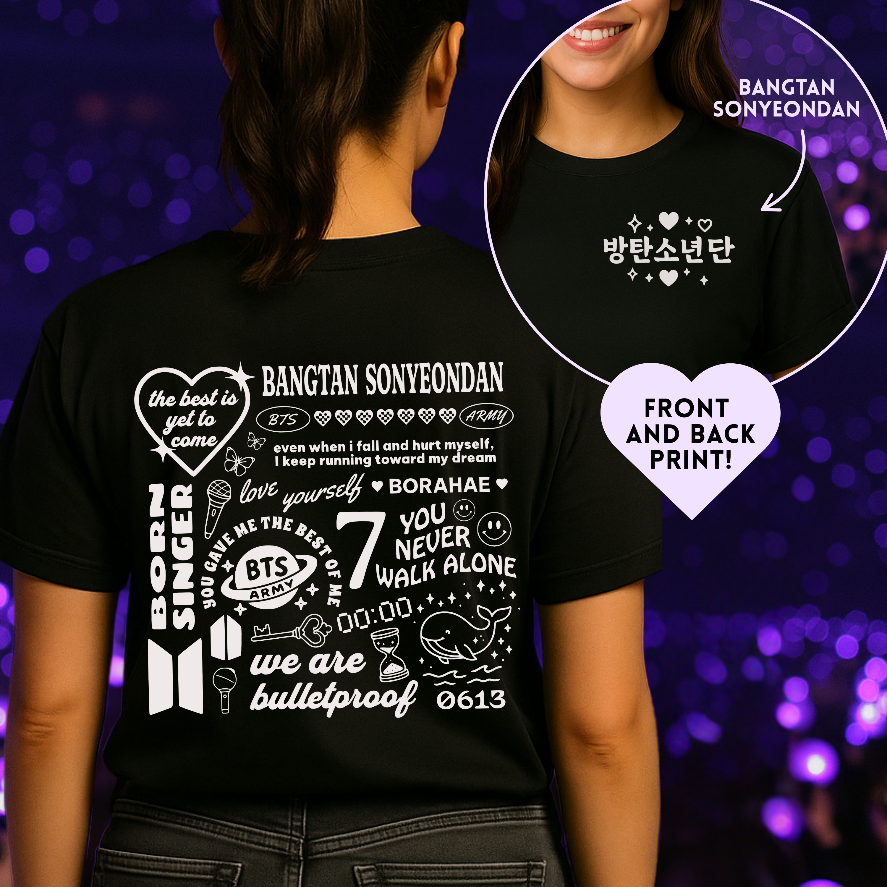 Bangtan Doodle Unisex Tee, Printed on Front and Back, Designed for Army, by Army product thumbnail image Bangtan Doodle Unisex Tee, Printed on Front and Back, Designed for Army, by Army product thumbnail image