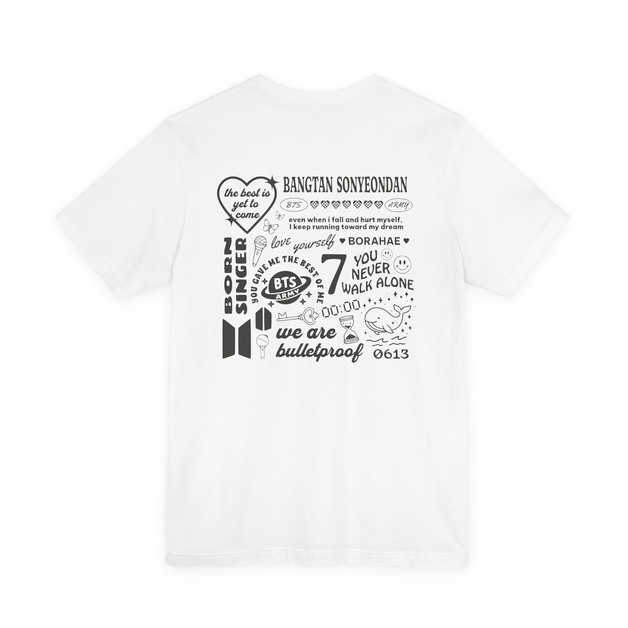 Bangtan Doodle Unisex Tee, Printed on Front and Back, Designed for Army, by Army product thumbnail image Bangtan Doodle Unisex Tee, Printed on Front and Back, Designed for Army, by Army product thumbnail image