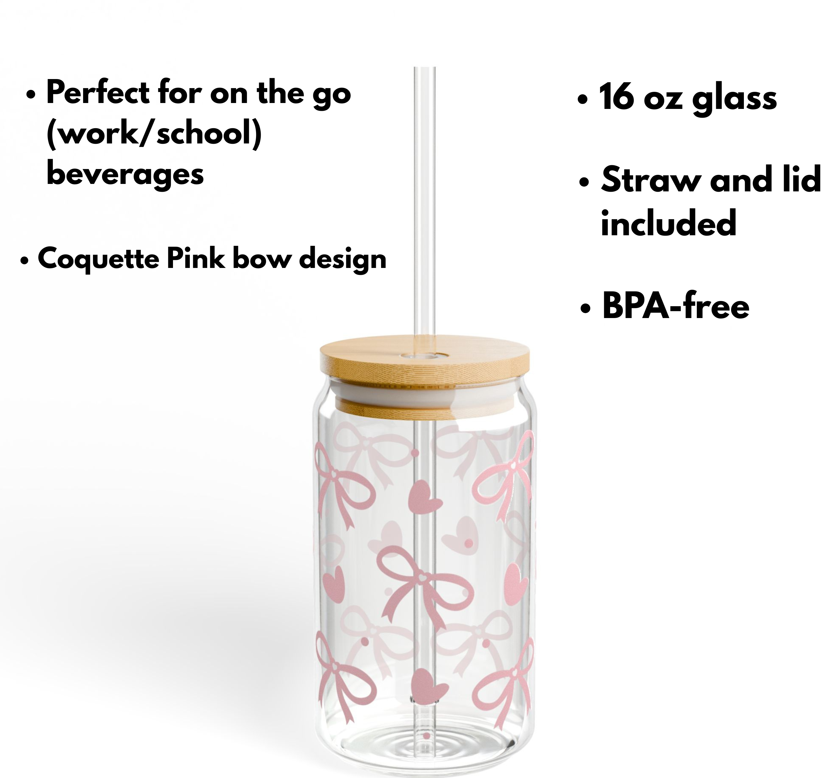 Coquette Pink Bow & Hearts Sipper Glass | Iced Coffee Cup | Gift for Her, 16 oz product thumbnail image Coquette Pink Bow & Hearts Sipper Glass | Iced Coffee Cup | Gift for Her, 16 oz product thumbnail image