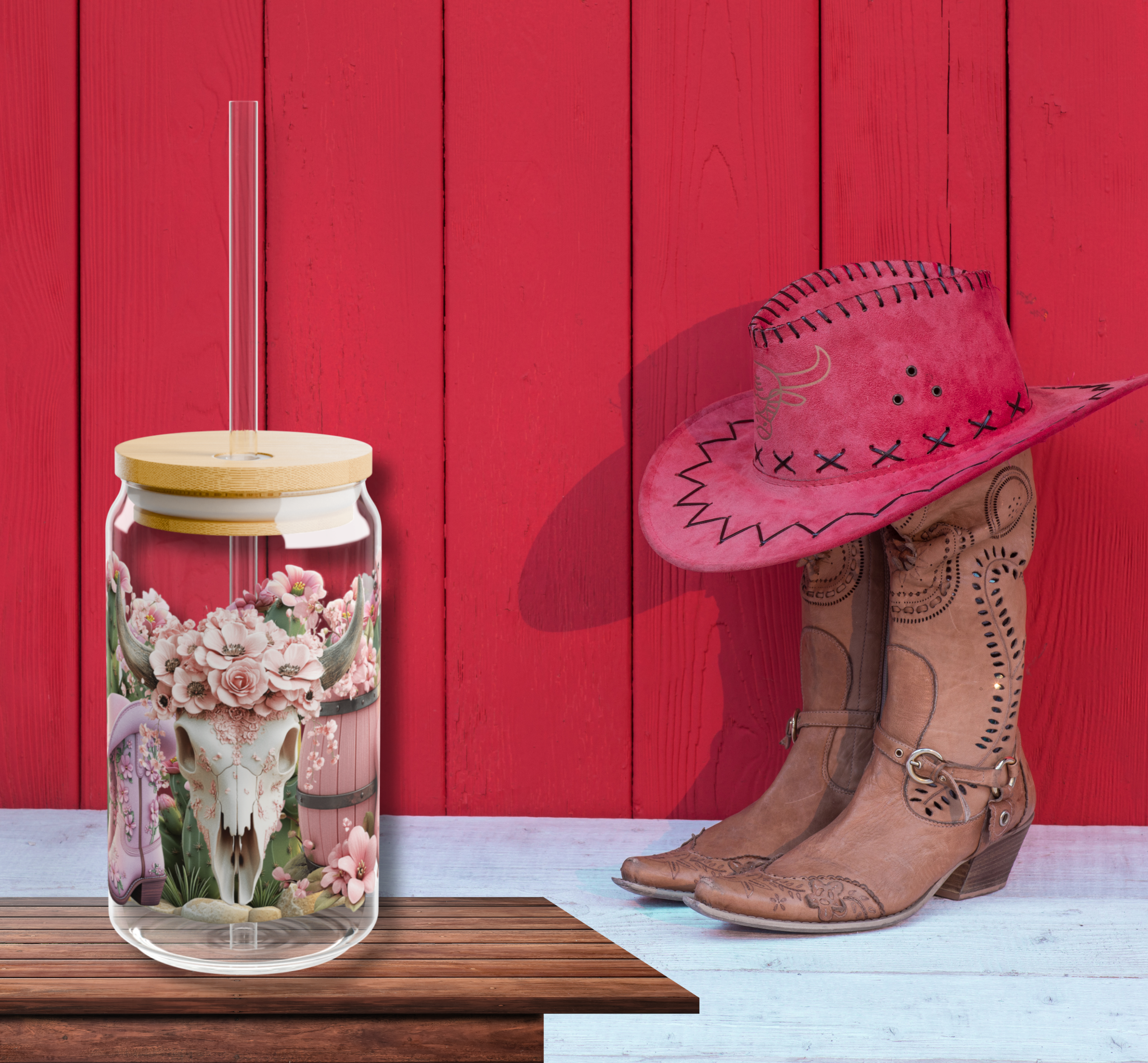 3D Effect Cowgirl Glass Cup, Western Cup, Iced Coffee, Coquette Pink Cup 16 oz