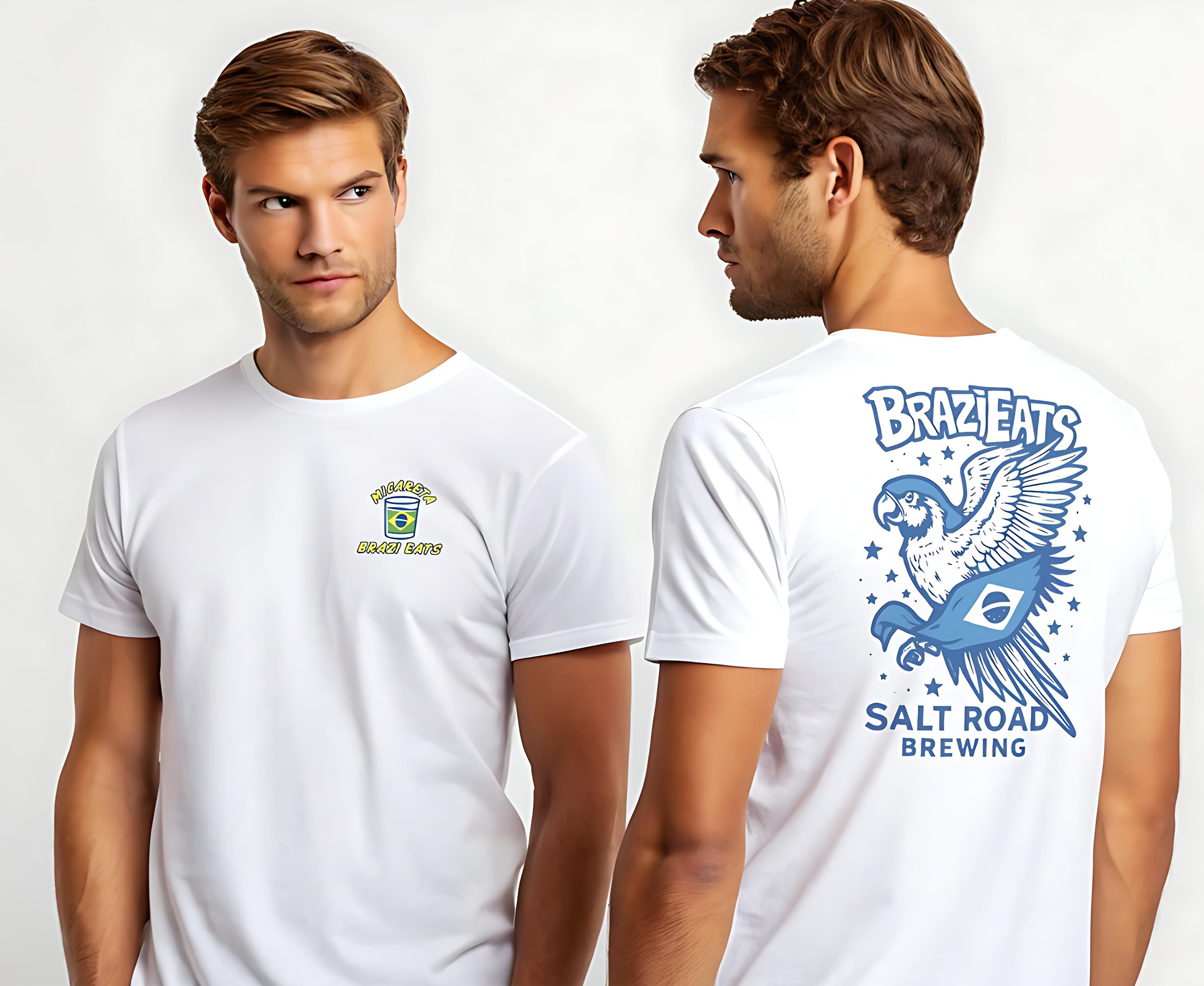 Front and Back BrazEats Parrot Tee, Unisex Short Sleeve T-Shirt, Casual Summer Shirt, Beachwear, Fun Gift for Foodies