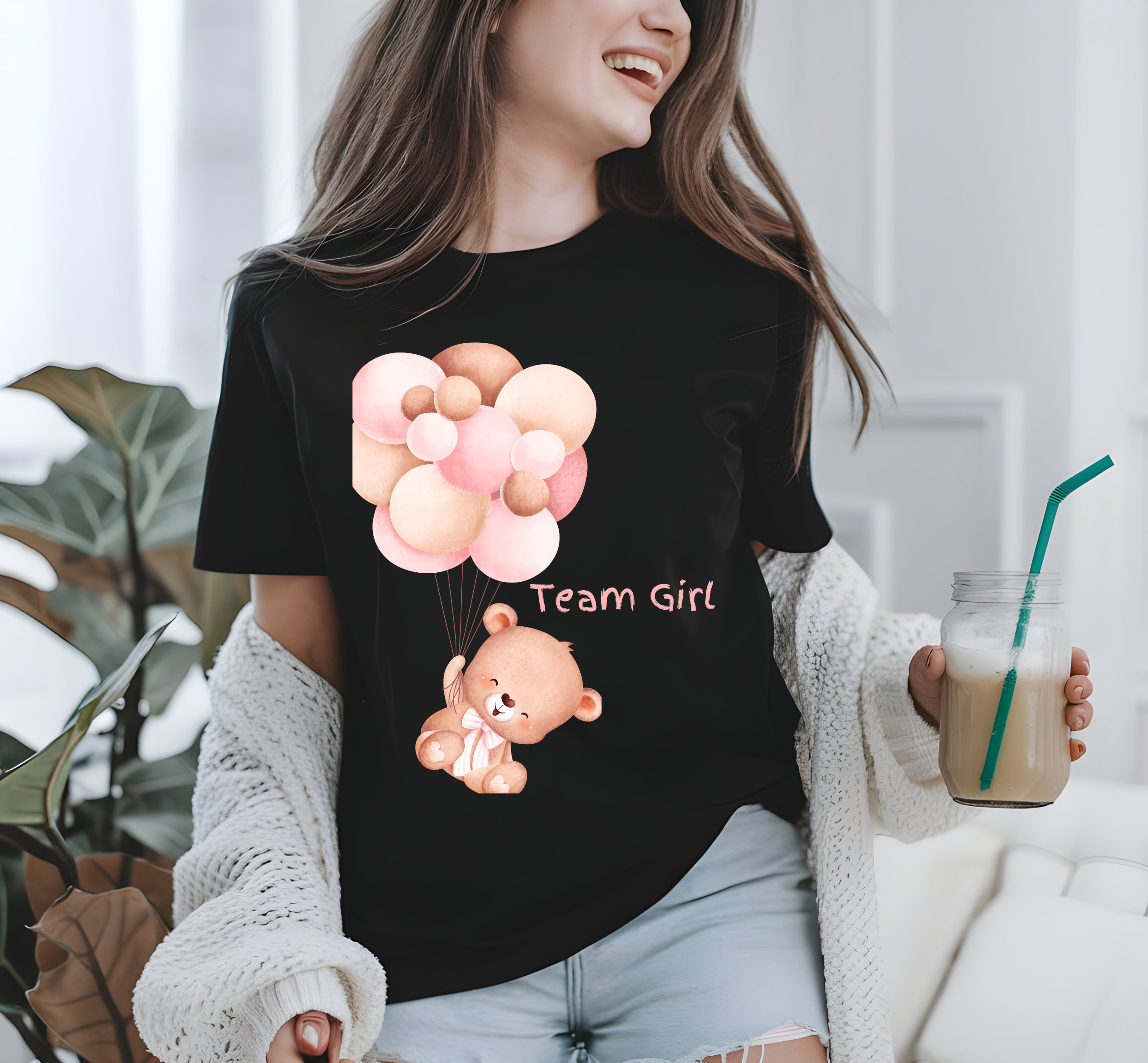 Team Girl Teddy Bear and Balloons T-Shirt - Gender Reveal Ideas | Gift, Pregnancy &amp; Party Shirt | Unisex Tee