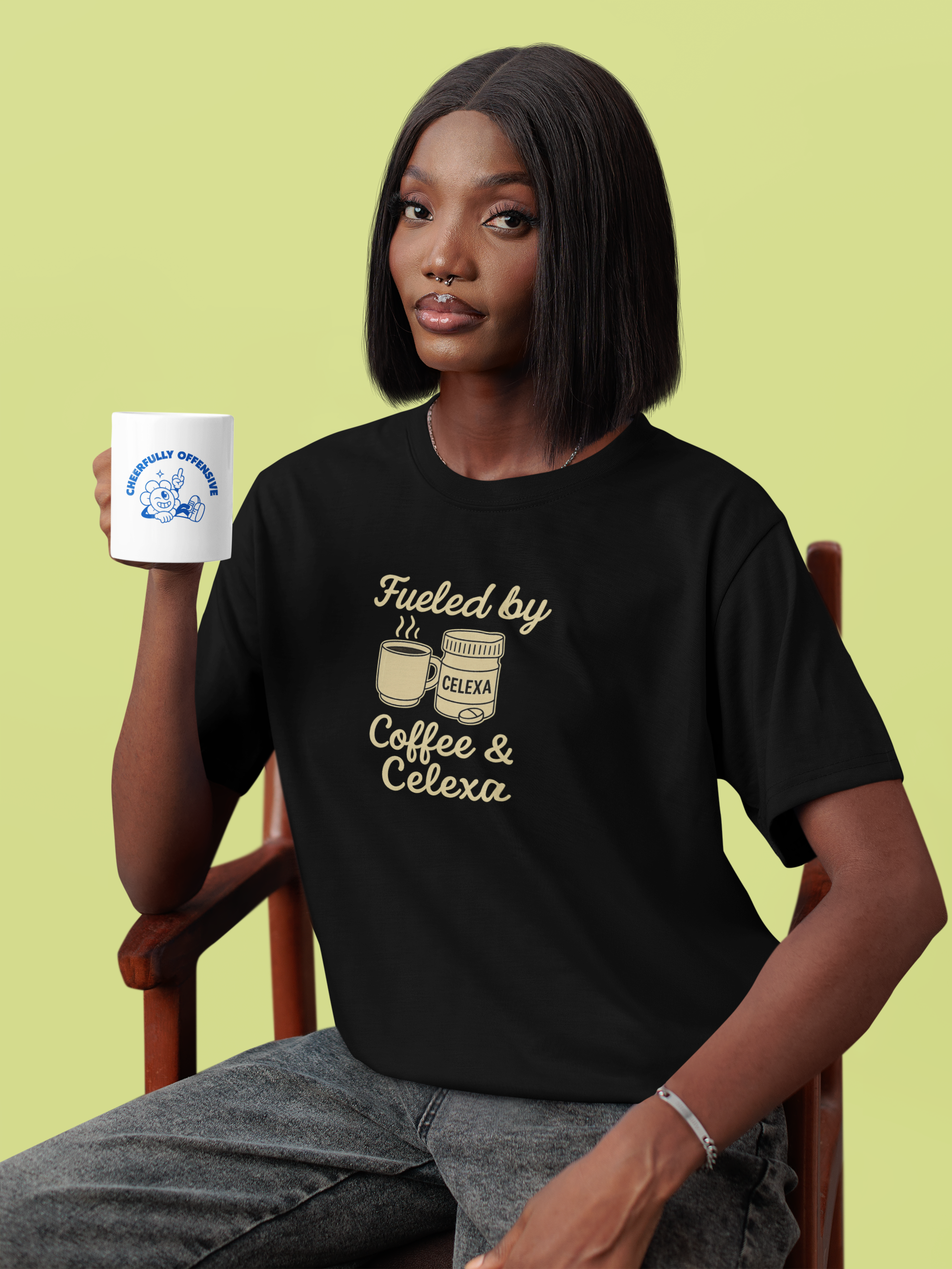 Fueled by Coffee & Celexa Unisex T-shirt product thumbnail image Fueled by Coffee & Celexa Unisex T-shirt product thumbnail image