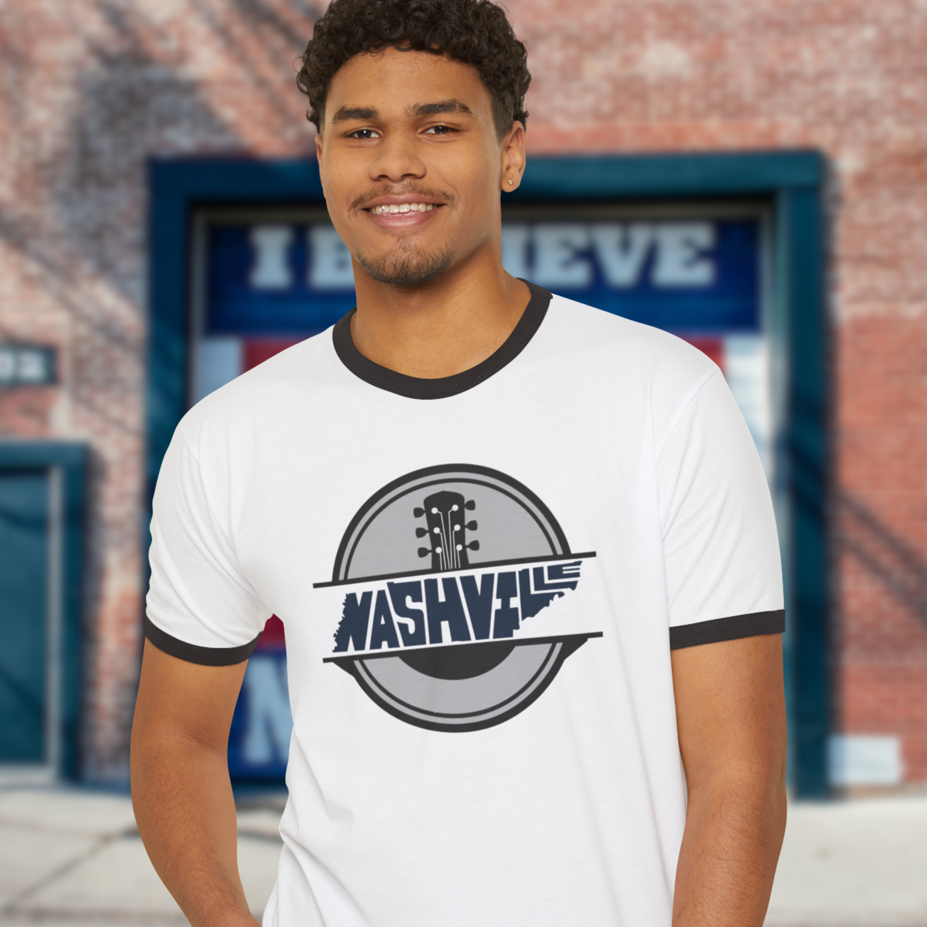 Personalized Retro Nashville Tennessee Ringer T-Shirt, Retro Music Tee, Unisex Cotton Shirt, Gift for Musicians, Concert Apparel, Casual Style, Nashville Music City T-Shirt product thumbnail image