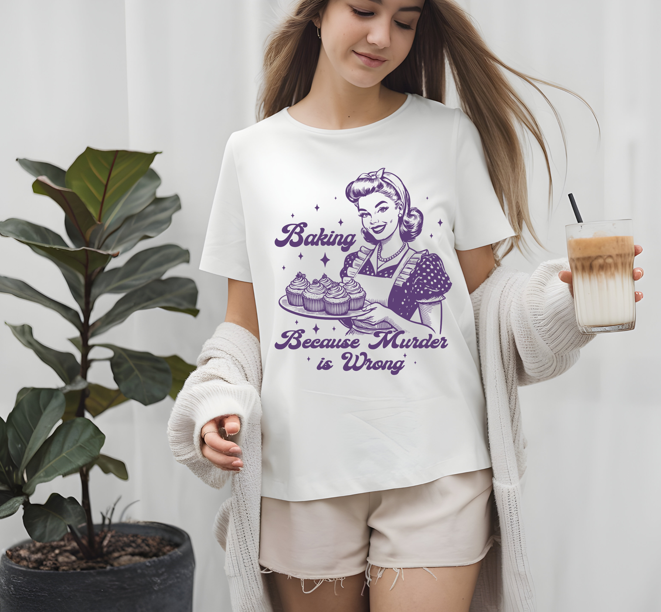 Whimsical Cooking Tee - "Baking Because Murder is Wrong" Shirt | Fun Gift for Bakers |Humor T-Shirt, Cooking Apparel | Wife Tee
