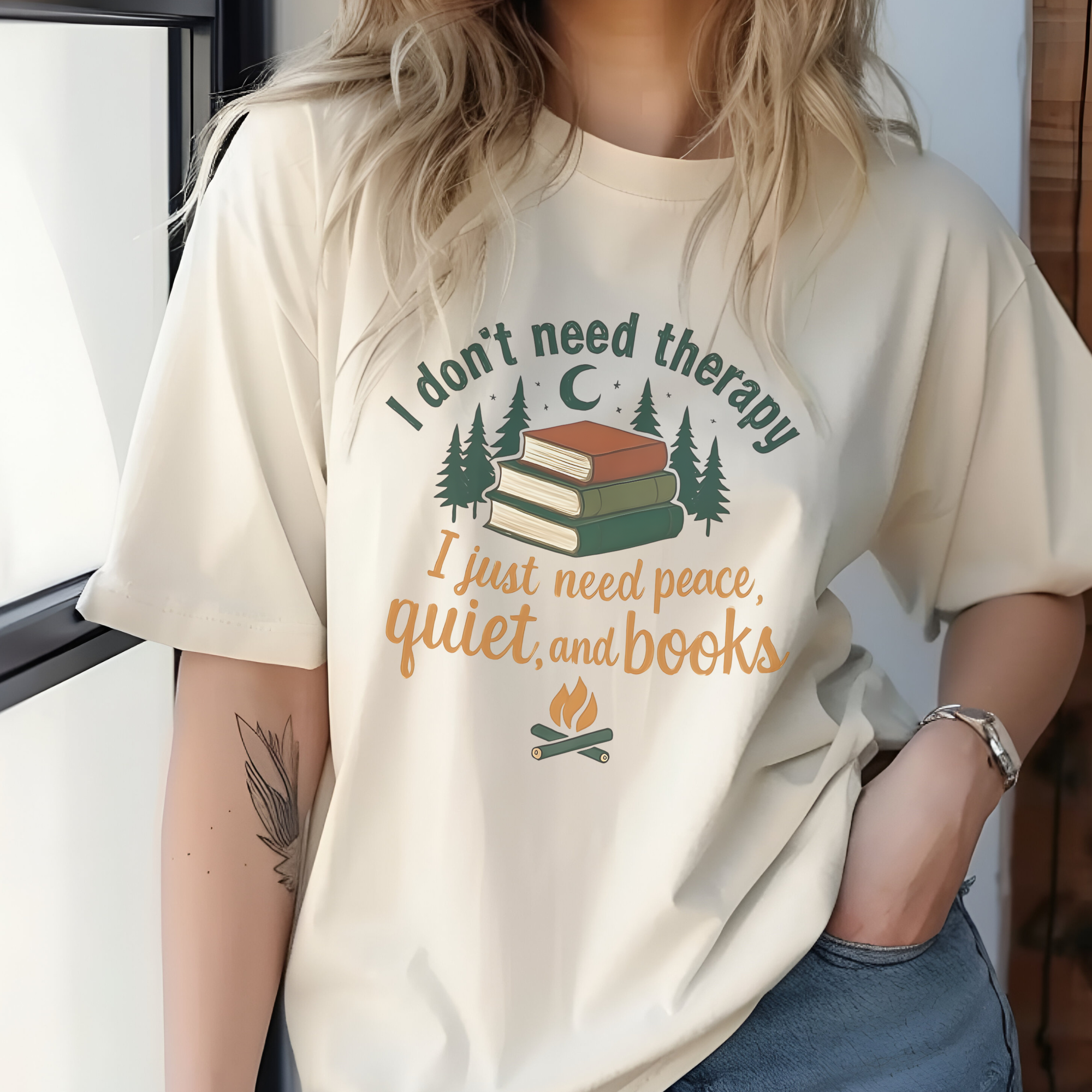 Peace, Quiet &amp; Books T-Shirt - Gift for Book Lovers, Literary Gift, Women's Graphic Tee, Cozy Loungewear, Oversized T-Shirt