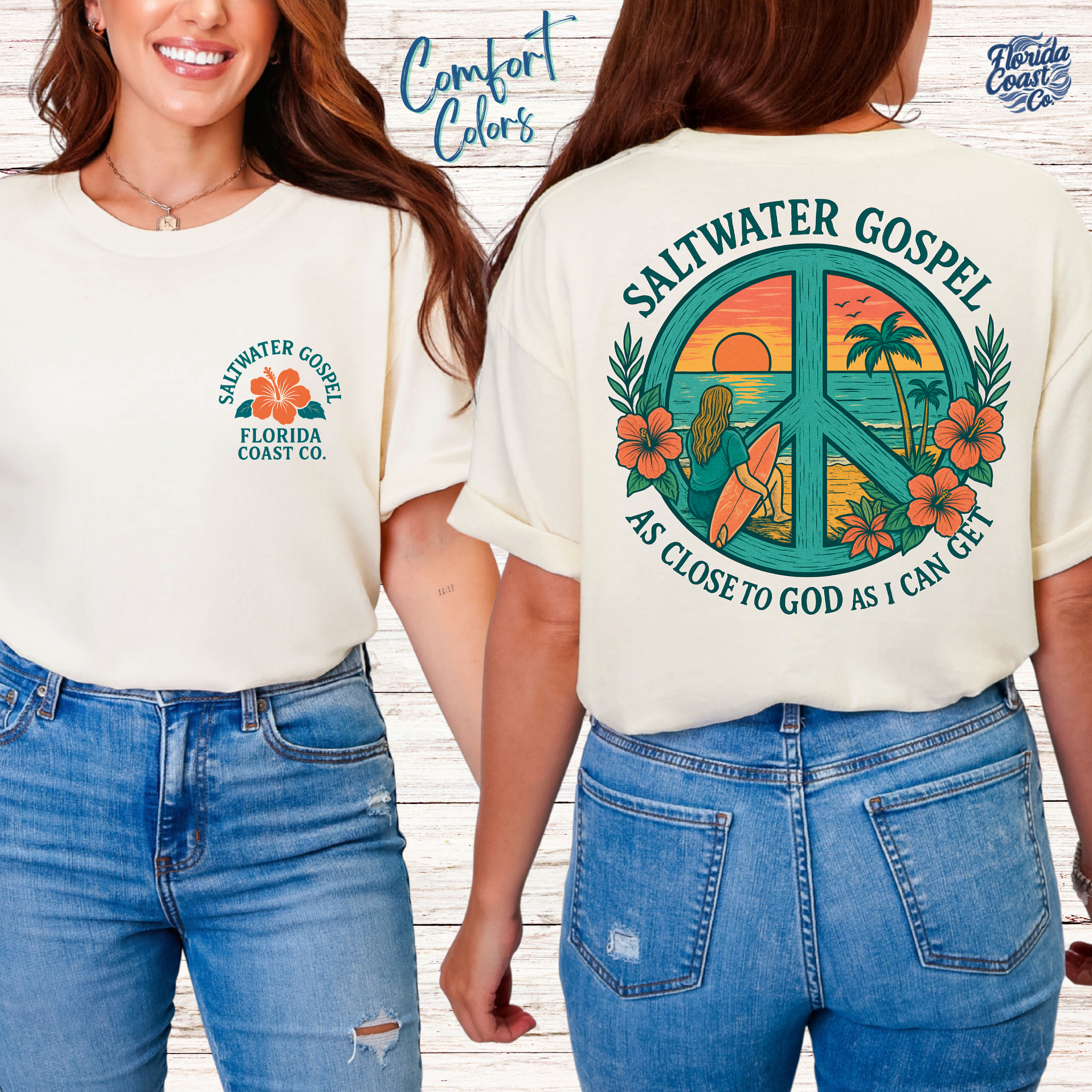 Saltwater Gospel Christian Beach Shirt – Comfy Colors 1717 Vintage Tee – Preppy Jesus Shirt – Peace Sign Floral Scripture Tee – Coastal Bible Verse Shirt