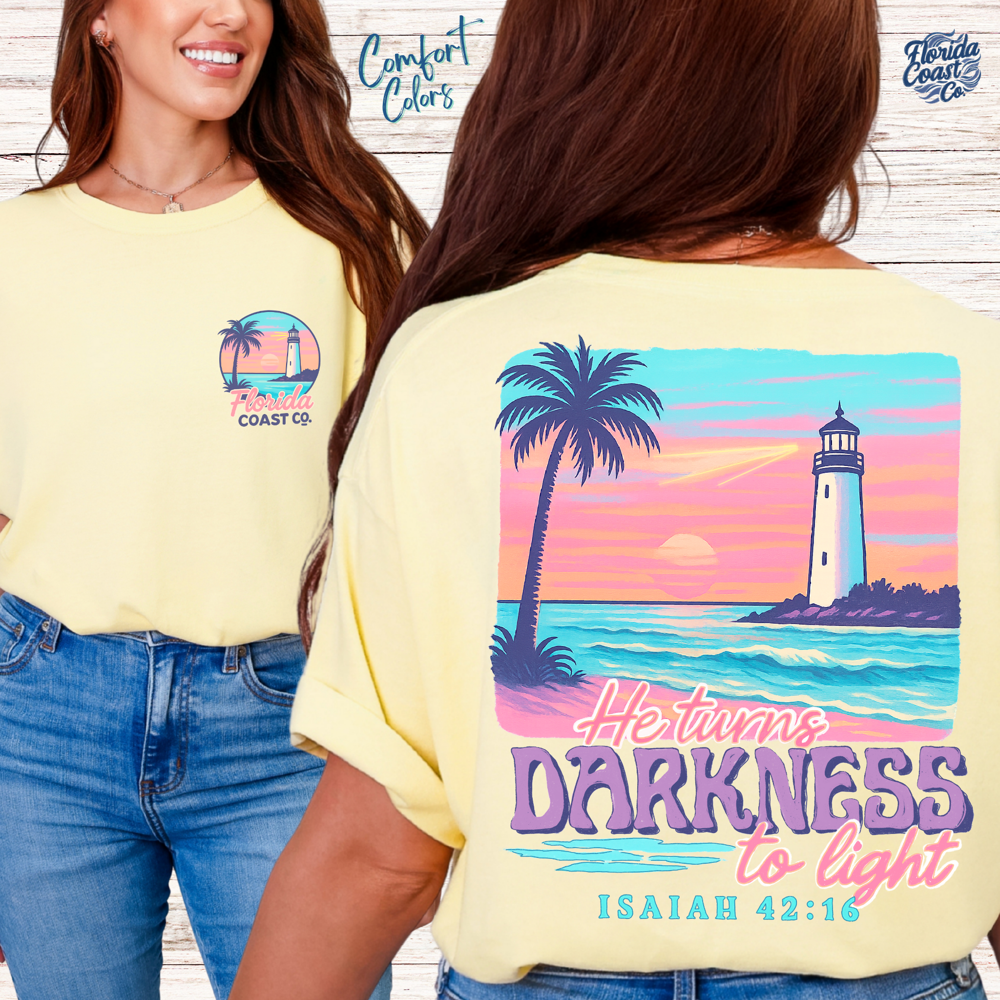 Comfy Colors Isaiah 42:16 Christian T-Shirt – Vintage Beach Shirt for Women | Preppy Coastal Faith Tee | He Turns Darkness to Light Shirt | Florida Coast Co