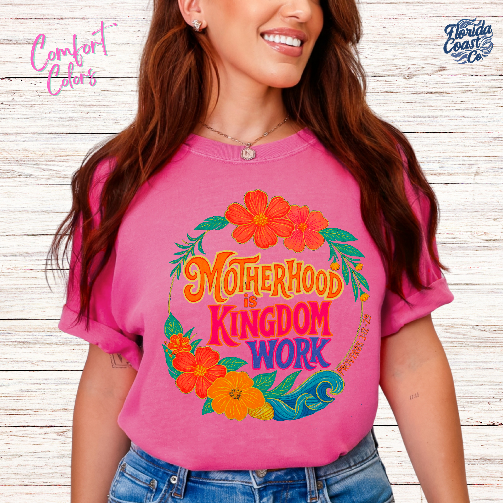 Motherhood is Kingdom Work T-Shirt – Comfort Colors Christian Mom Shirt | Proverbs 31:27 Bible Verse Tee | Floral Faith Tee for Moms | Graphic Tee