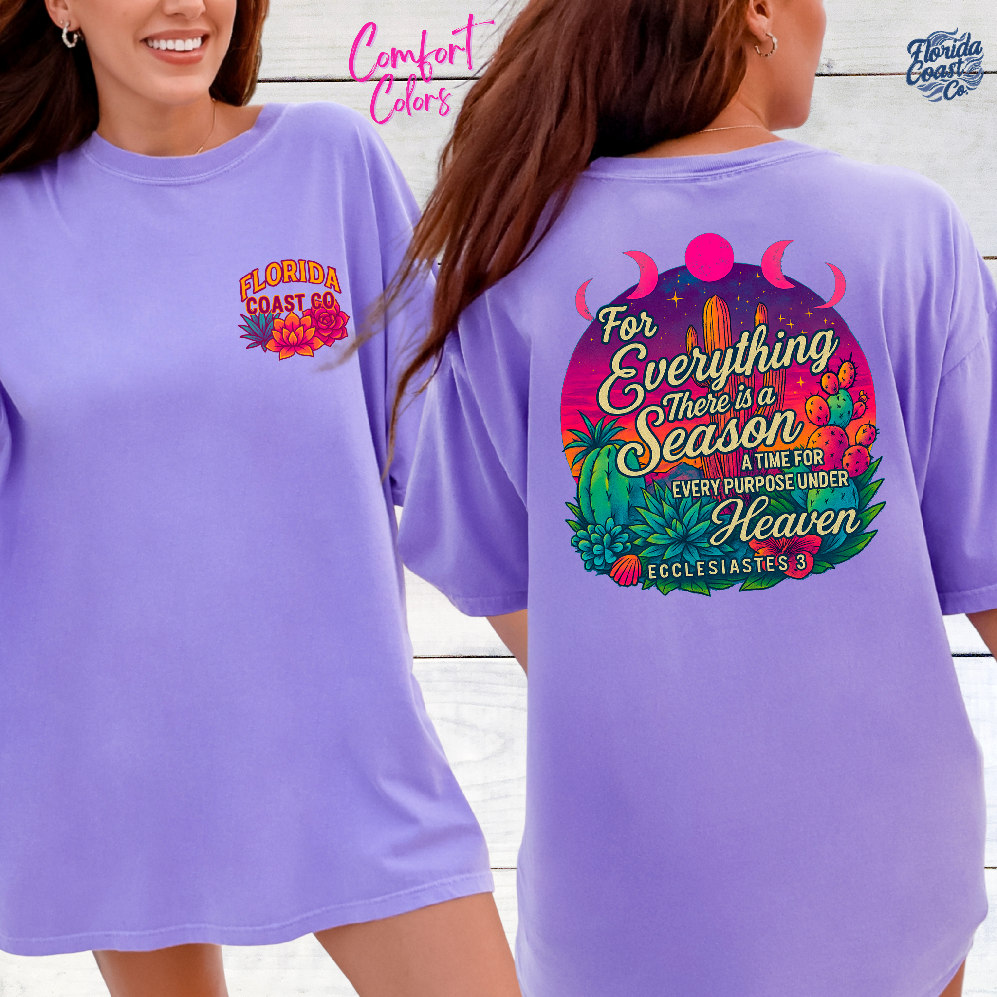 Comfort Colors Ecclesiastes 3 Christian T-Shirt – For Every Season Bible Verse Shirt – Faith-Based Floral Moon Tee – Florida Coast Co. – Sizes S-4XL