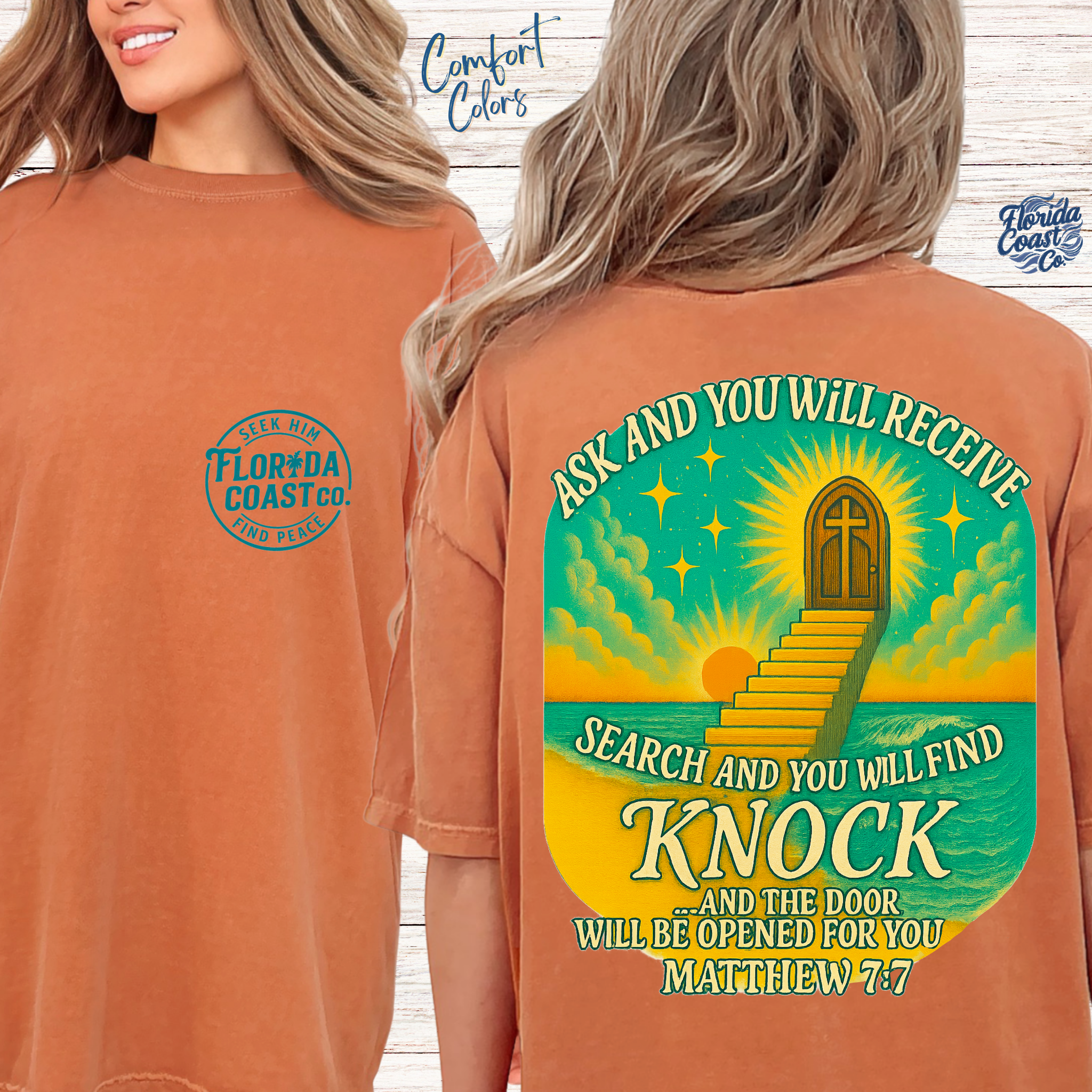 Unisex Matthew 7:7 Christian T-Shirt – Ask Seek Knock Bible Verse Tee | Comfort Colors Faith Shirt | Bible Verse | Scripture tee | Florida Coast Co.